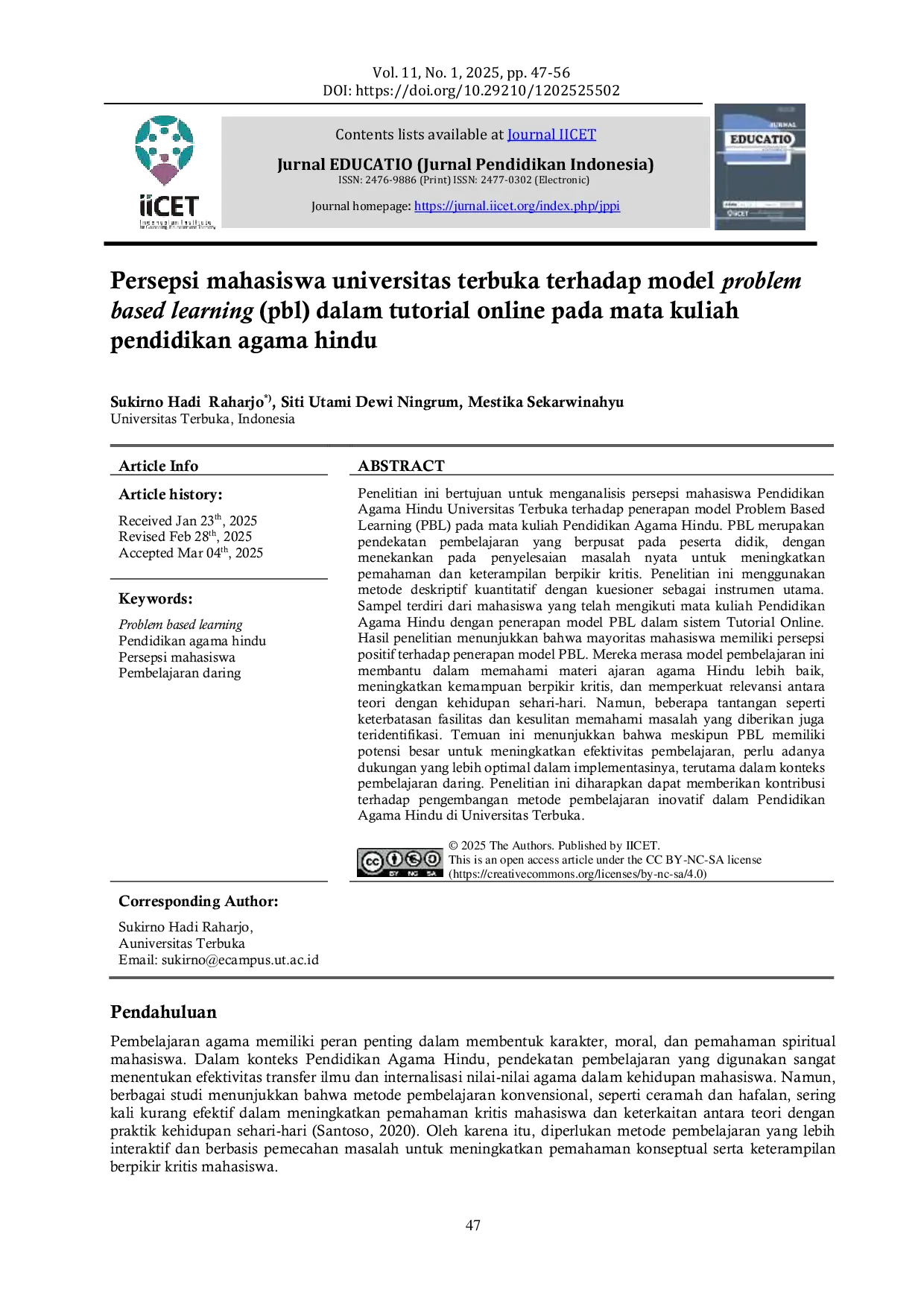 JURIS Persepsi mahasiswa universitas terbuka terhadap model problem based learning pbl dalam tutorial online pada mata kuliah pendidikan agama hindu