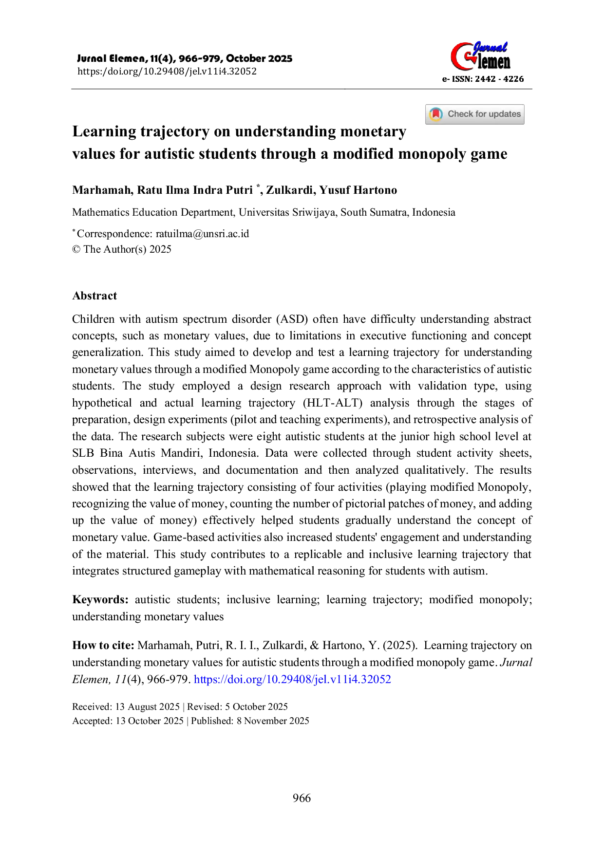 JURIS Learning trajectory on understanding monetary values for autistic students through a modified monopoly game