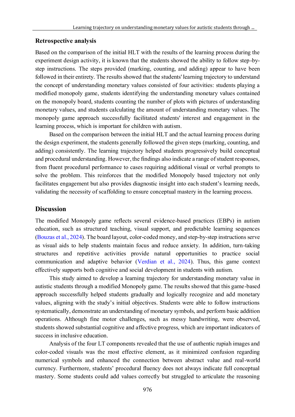 JURIS Learning trajectory on understanding monetary values for autistic students through a modified monopoly game