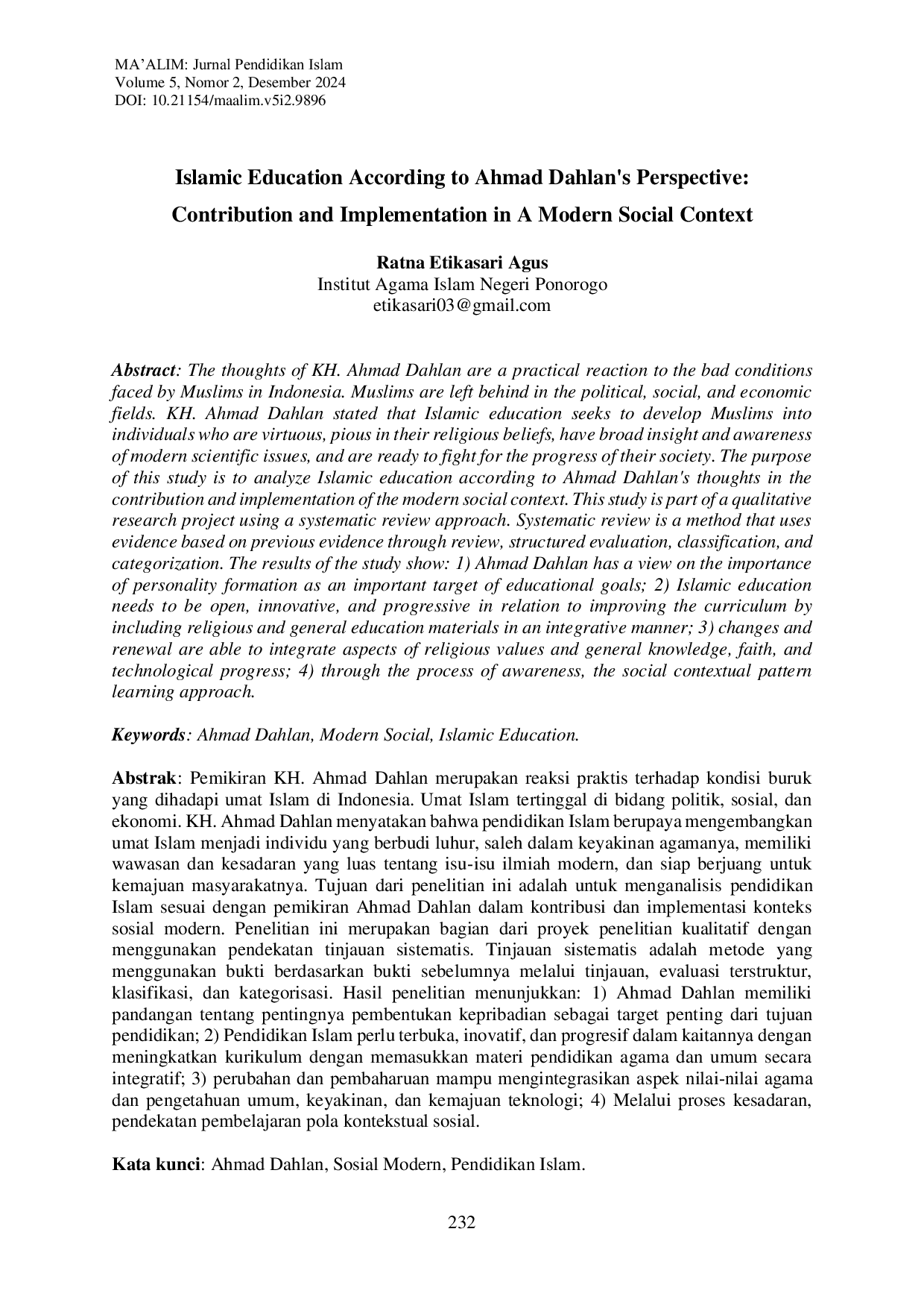 JURIS Islamic Education According to Ahmad Dahlan s Perspective Contribution and Implementation in A Modern Social Context