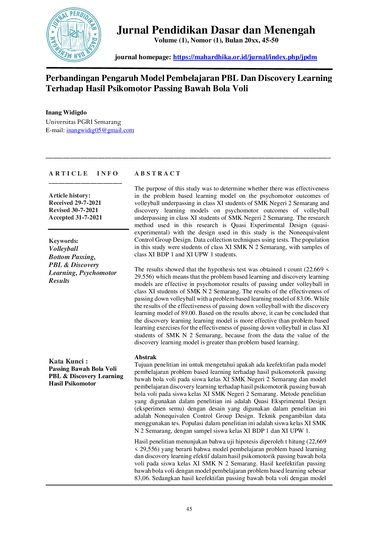 JURIS Perbandingan Pengaruh Model Pembelajaran PBL Dan Discovery Learning Terhadap Hasil Psikomotor Passing Bawah Bola Voli