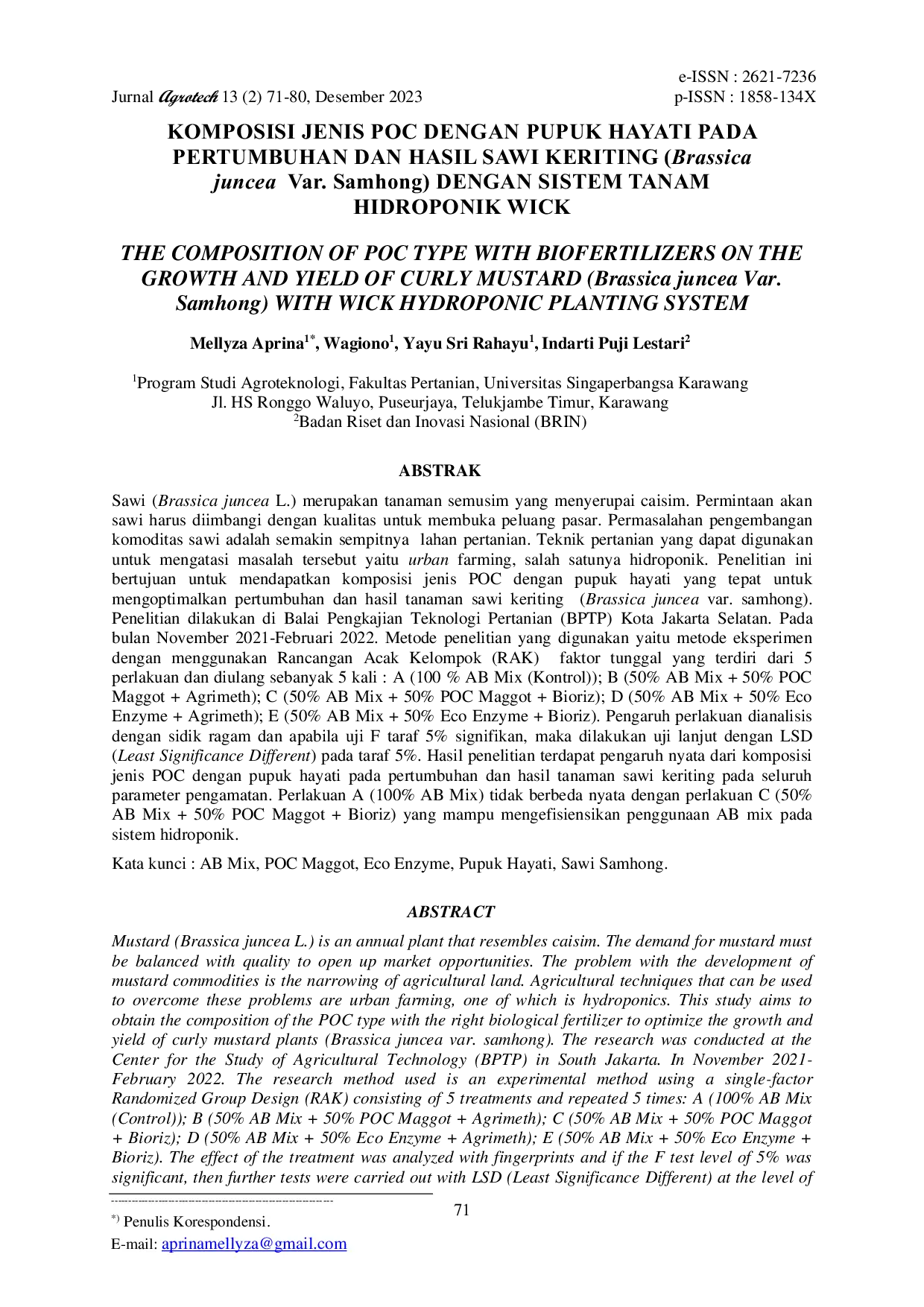 JURIS Komposisi Jenis POC dengan Pupuk Hayati Pada Pertumbuhan dan Hasil Sawi Keriting Brassica juncea Var Samhong dengan Sistem Tanam Hidroponik Wick