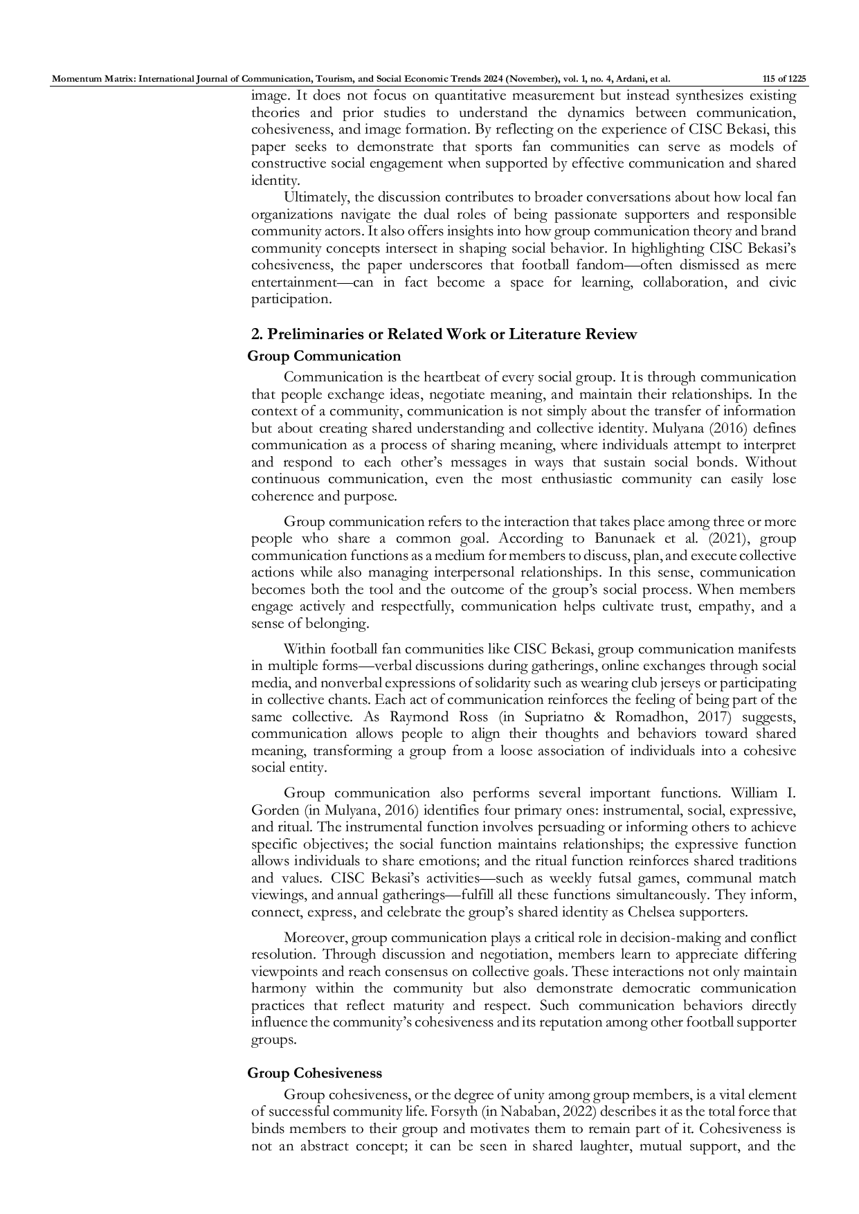 JURIS Group Cohesiveness of Chelsea Indonesia Supporters Club CISC Bekasi Region in Building a Positive Community Image