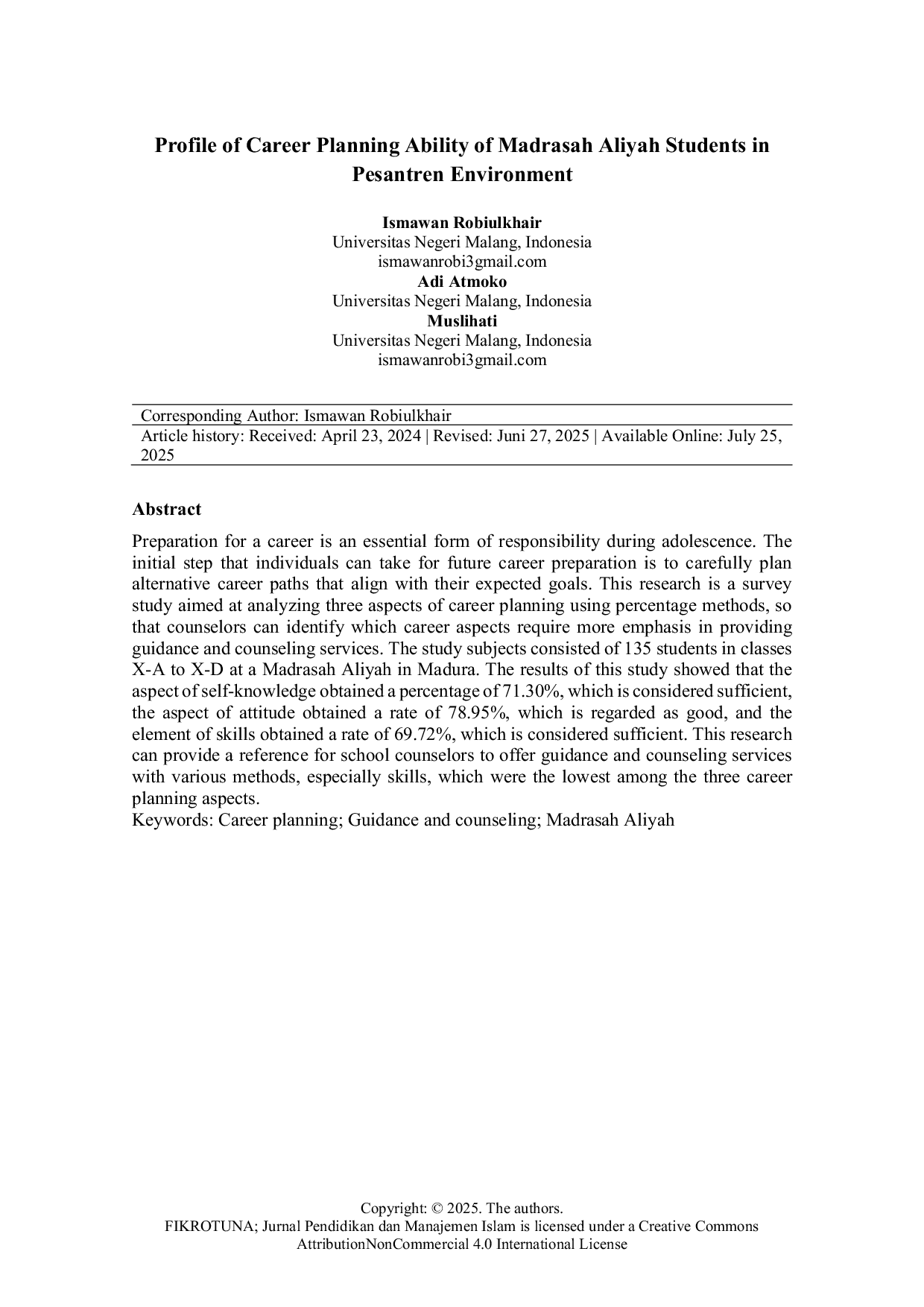 JURIS Profile of Career Planning Ability of Madrasah Aliyah Students in Pesantren Environment