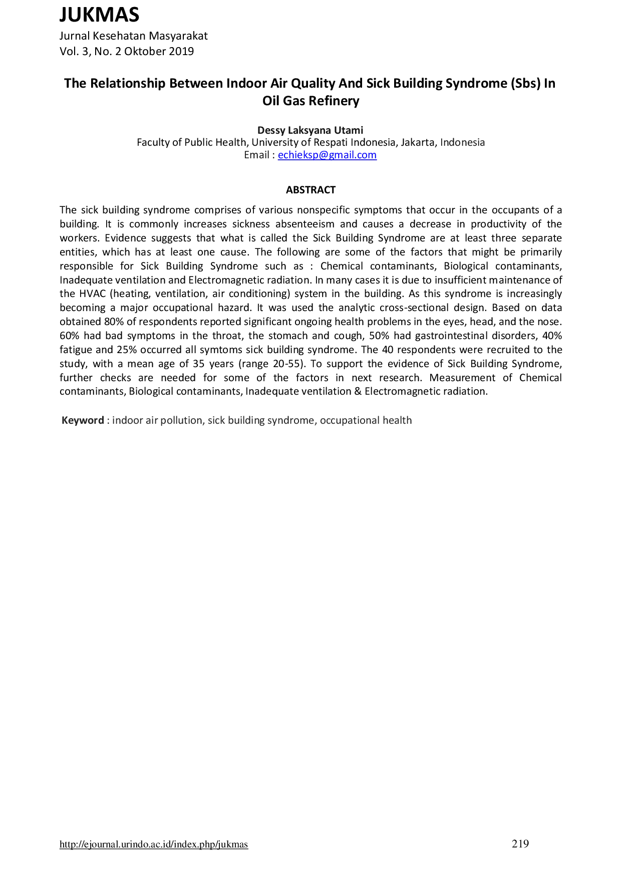 JURIS The Relationship Between Indoor Air Quality And Sick Building Syndrome Sbs In Oil Gas Refinery