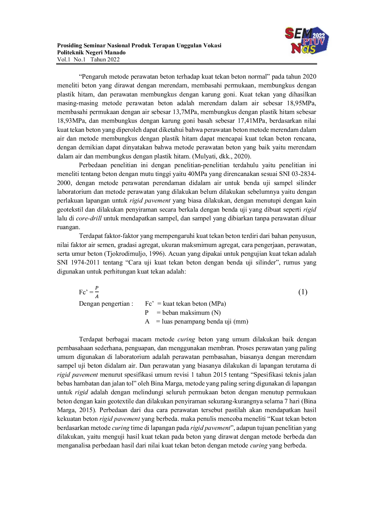 JURIS Kuat Tekan Beton Berdasarkan Metode Curing Time di Lapangan pada Rigid Pavement