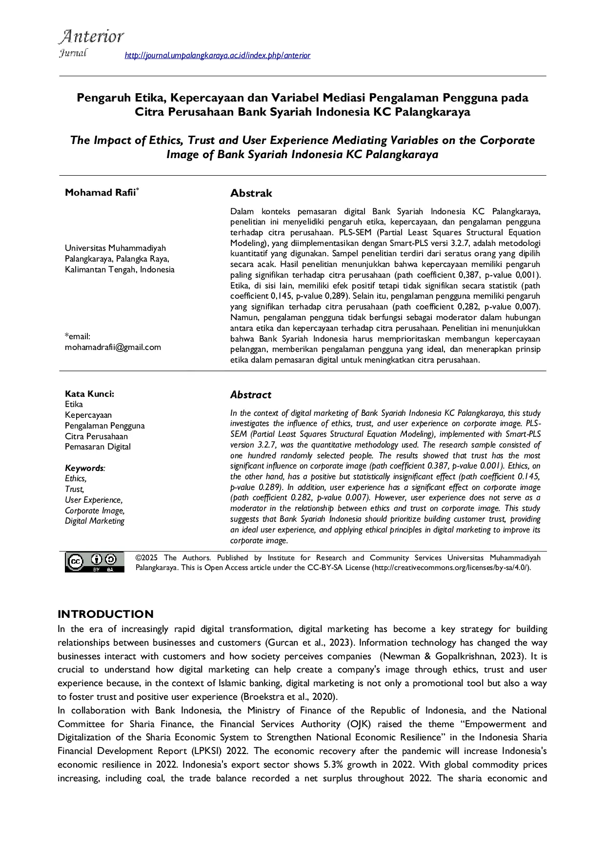 JURIS The Impact of Ethics Trust and User Experience Mediating Variables on the Corporate Image of Bank Syariah Indonesia KC Palangkaraya