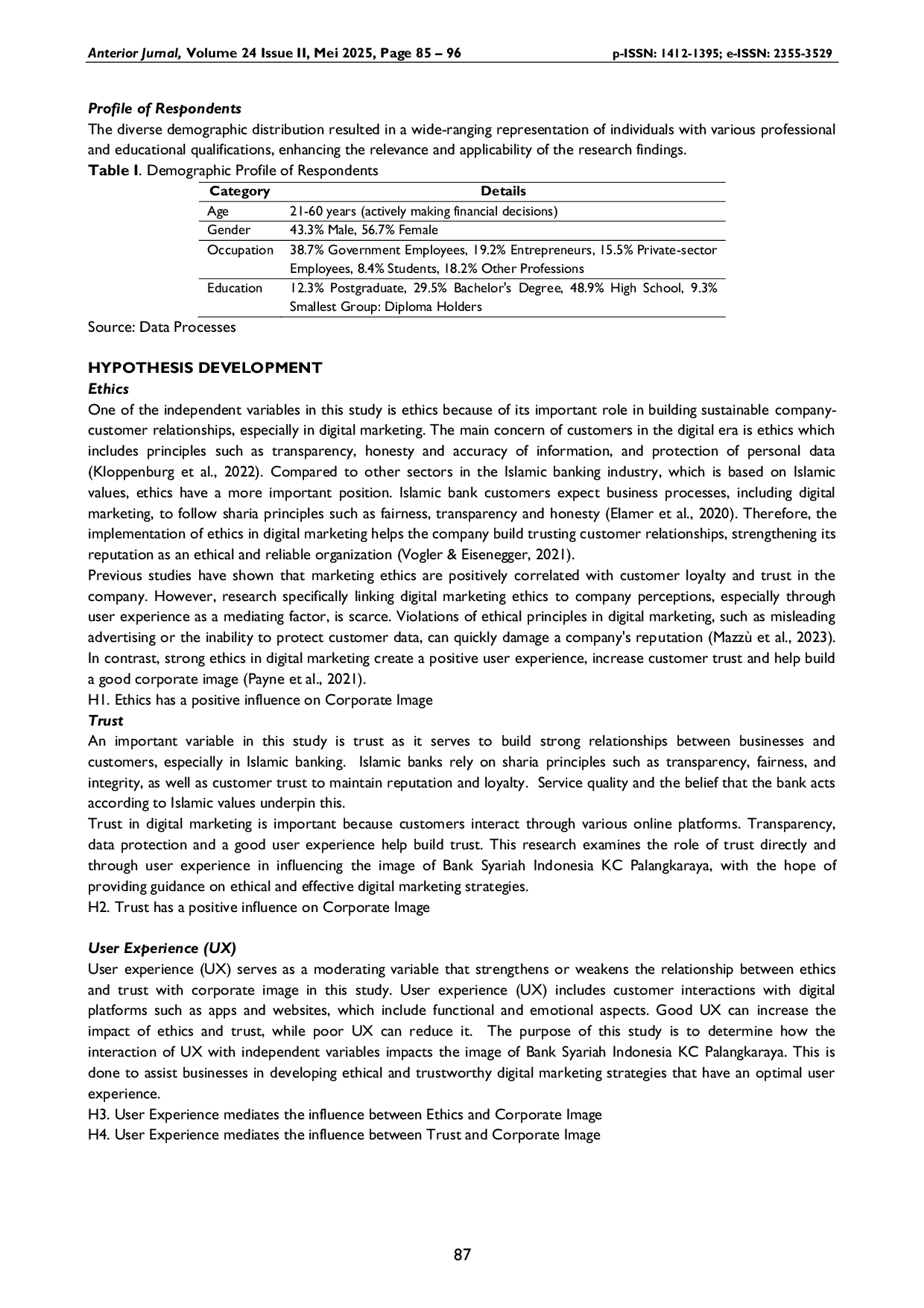 JURIS The Impact of Ethics Trust and User Experience Mediating Variables on the Corporate Image of Bank Syariah Indonesia KC Palangkaraya