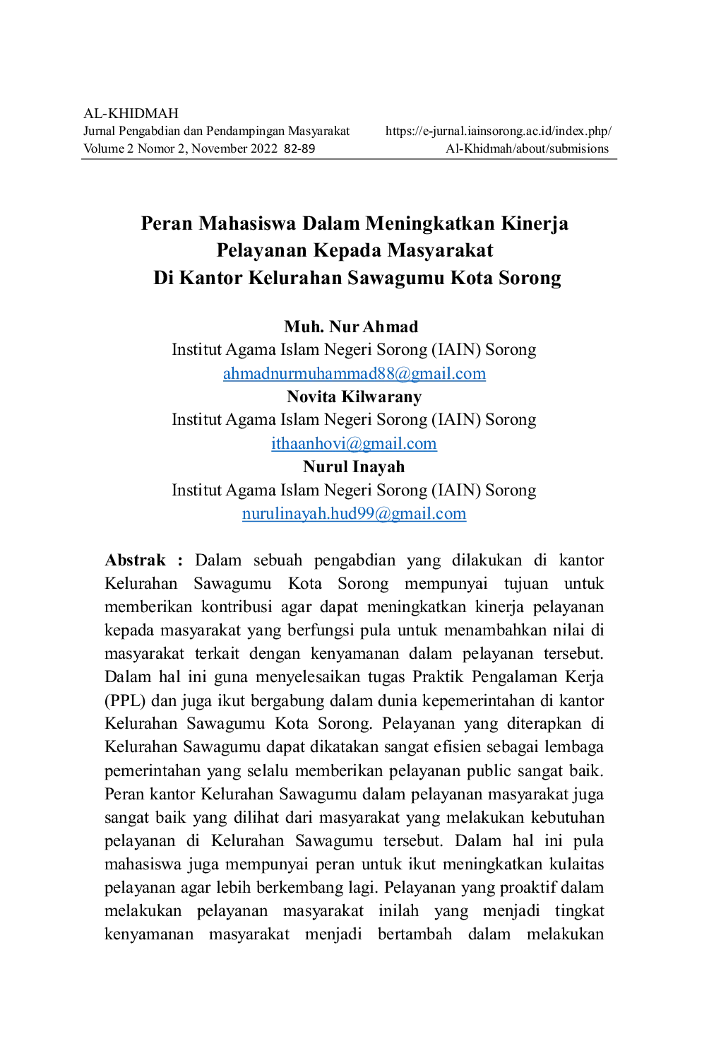 JURIS Peran Mahasiswa Dalam Meningkatkan Kinerja Pelayanan Kepada Masyarakat Di Kantor Kelurahan Sawagumu Kota Sorong