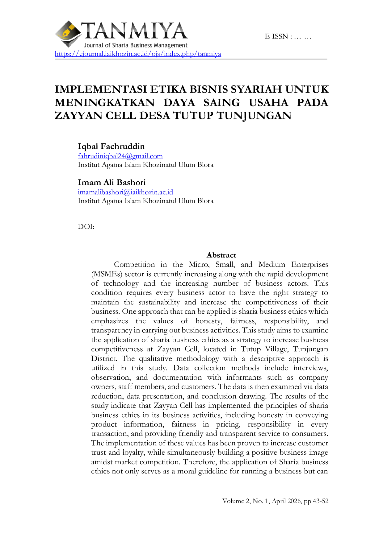 JURIS Implementasi Etika Bisnis Syariah untuk Meningkatkan Daya Saing Usaha pada Zayyan Cell Desa Tutup Tunjungan