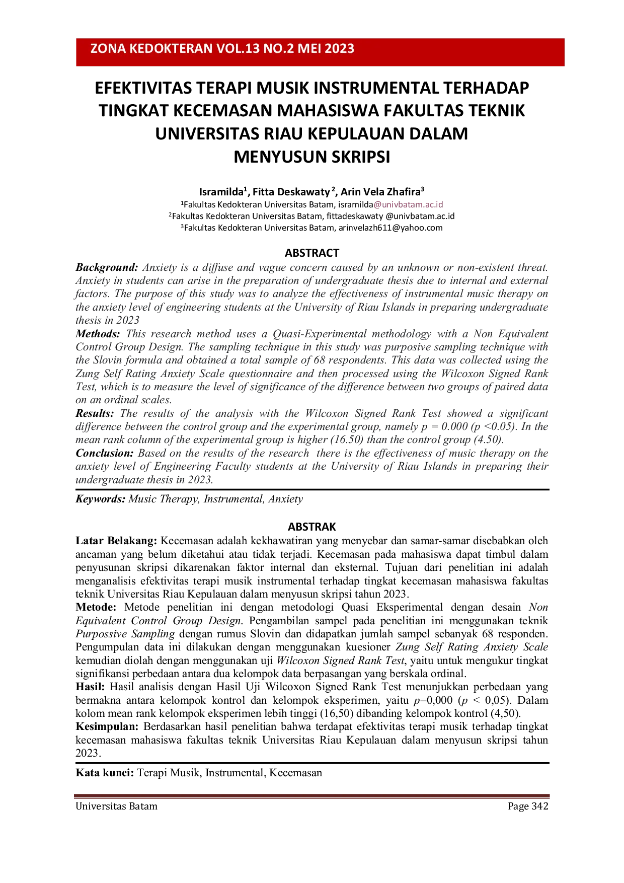 JURIS Efektivitas Terapi Musik Instrumental Terhadap Tingkat Kecemasan Mahasiswa Fakultas Teknik Universitas Riau Kepulauan Dalam Menyusun Skripsi