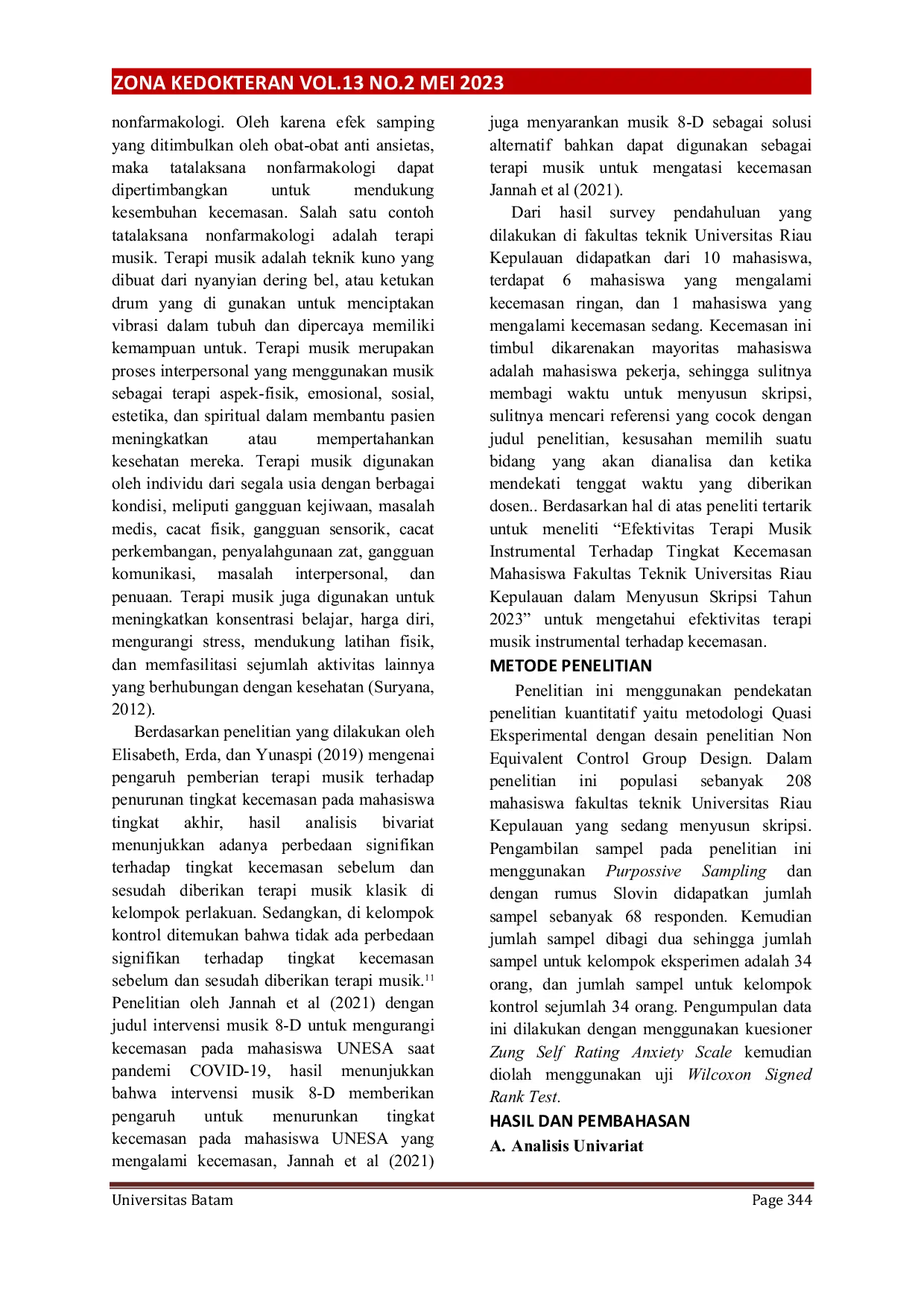 JURIS Efektivitas Terapi Musik Instrumental Terhadap Tingkat Kecemasan Mahasiswa Fakultas Teknik Universitas Riau Kepulauan Dalam Menyusun Skripsi