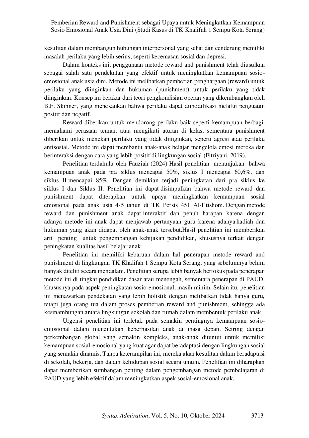 JURIS Pemberian Reward and Punishment sebagai Upaya untuk Meningkatkan Kemampuan Sosio Emosional Anak Usia Dini