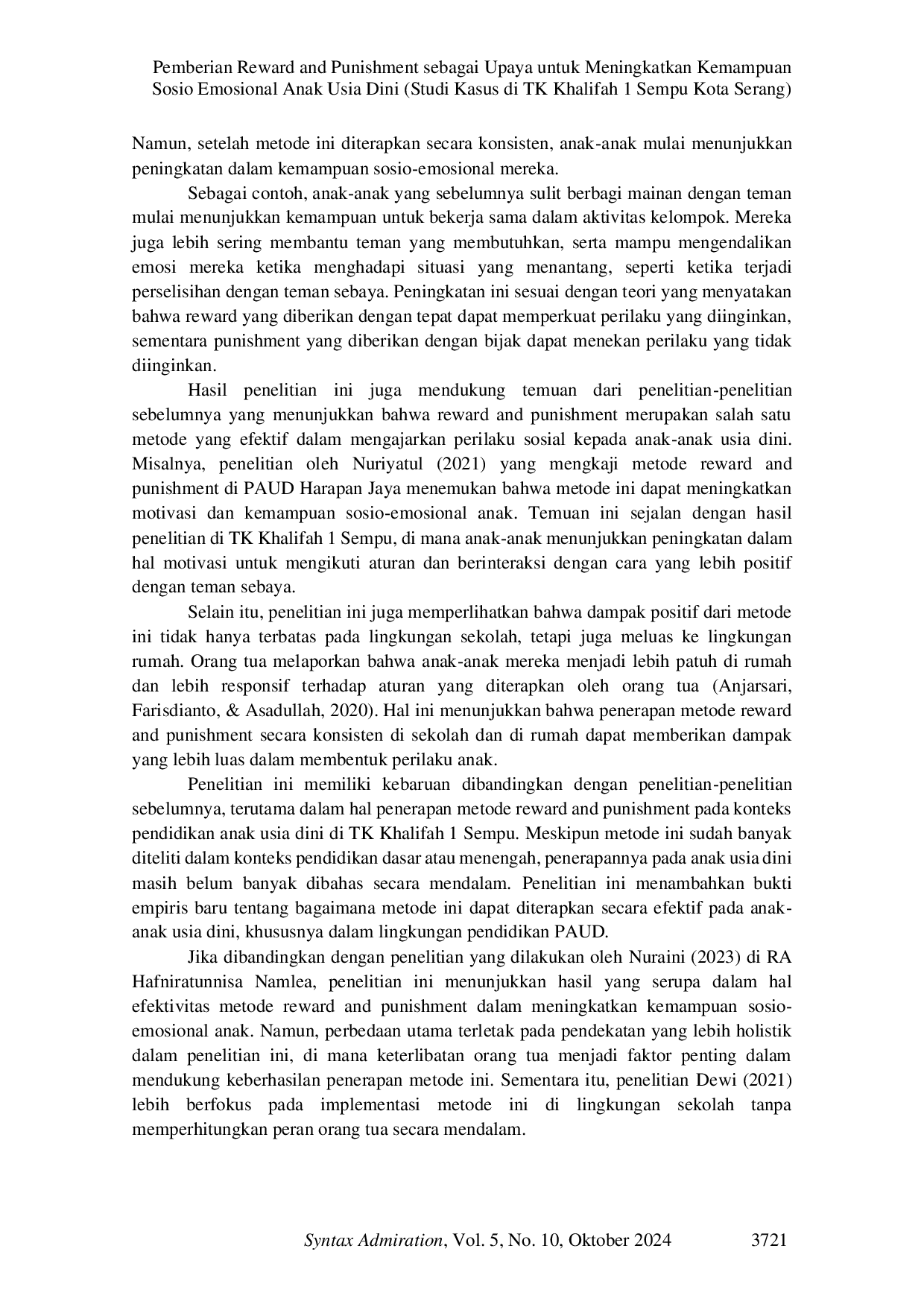 JURIS Pemberian Reward and Punishment sebagai Upaya untuk Meningkatkan Kemampuan Sosio Emosional Anak Usia Dini