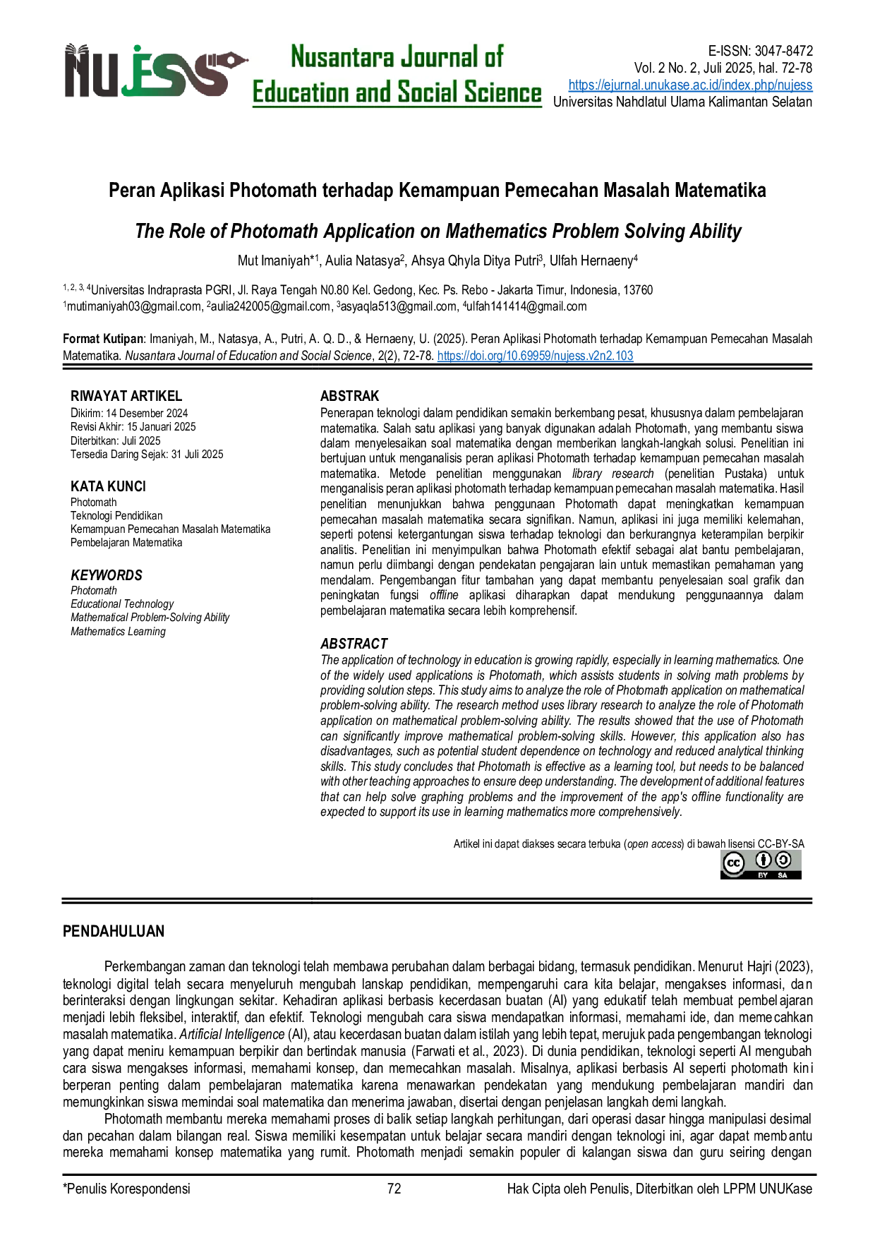 JURIS Peran Aplikasi Photomath terhadap Kemampuan Pemecahan Masalah Matematika
