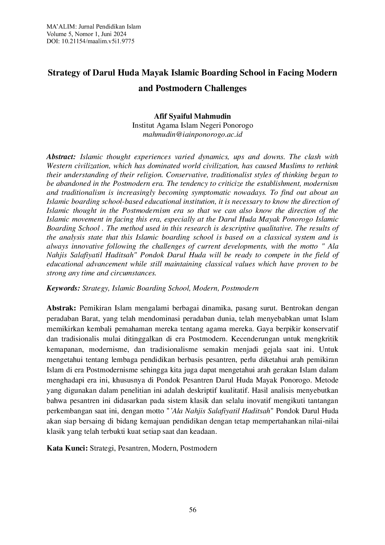 JURIS Strategy Of Darul Huda Mayak Islamic Boarding School In Facing Modern and Postmodern Challenges