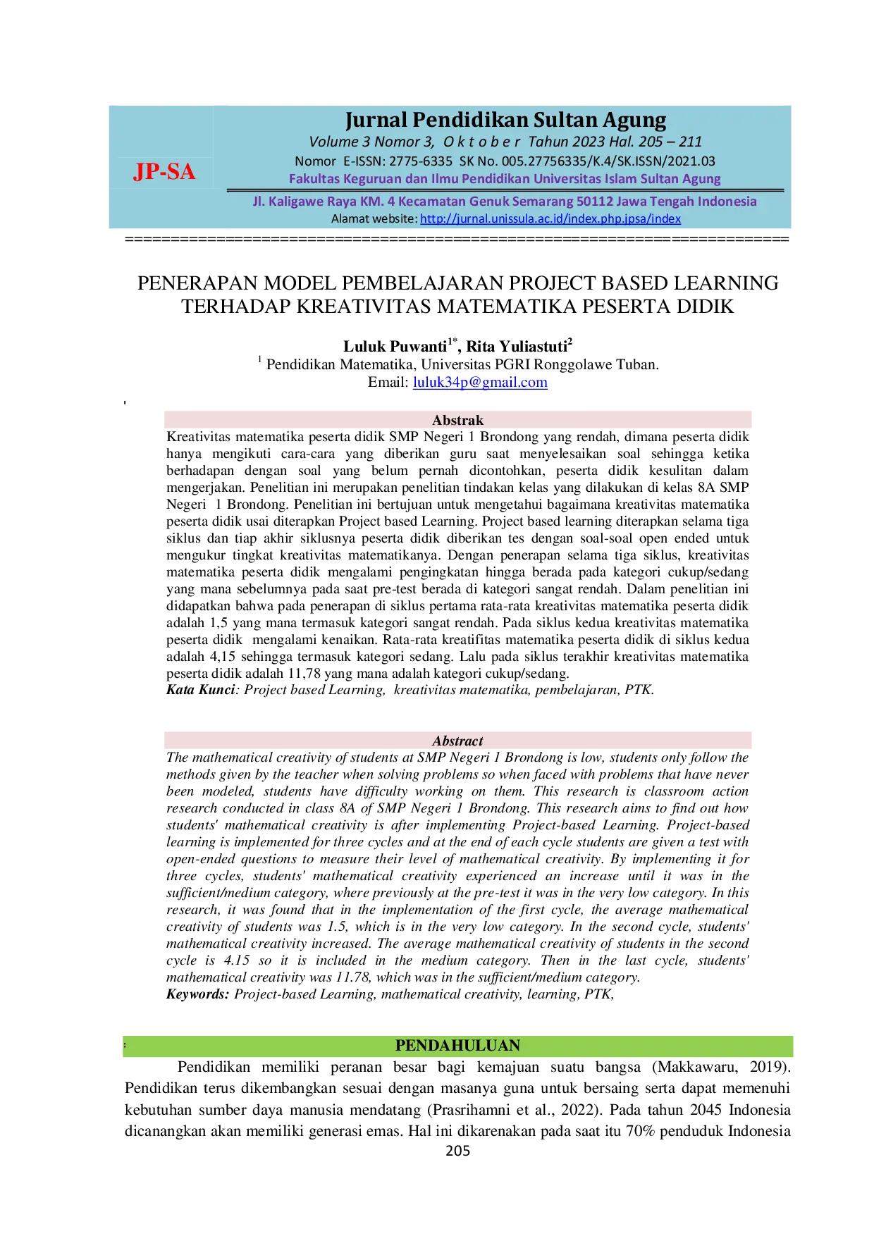 JURIS Penerapan Model Pembelajaran Project Based Learning terhadap Kreativitas Matematika Peserta Didik