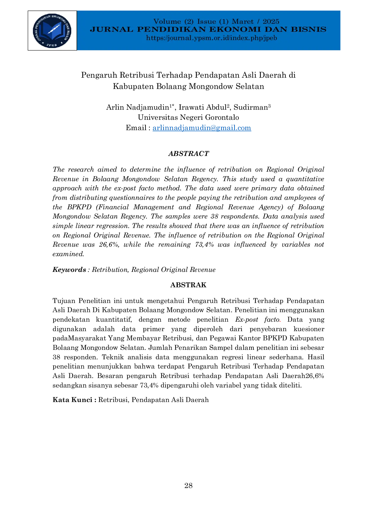JURIS Pengaruh Retribusi Terhadap Pendapatan Asli Daerah Di Kabupaten Bolaang Mongondow Selatan