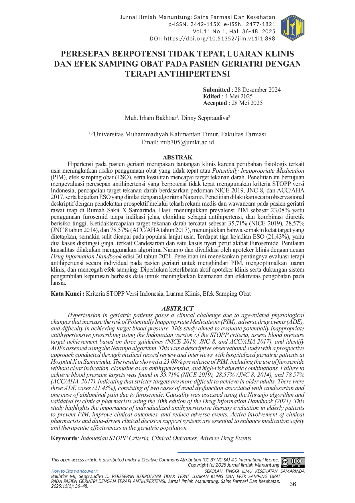 JURIS Peresepan Berpotensi Tidak Tepat Luaran Klinis Dan Efek Samping Obat Pada Pasien Geriatri Dengan Terapi Antihipertensi