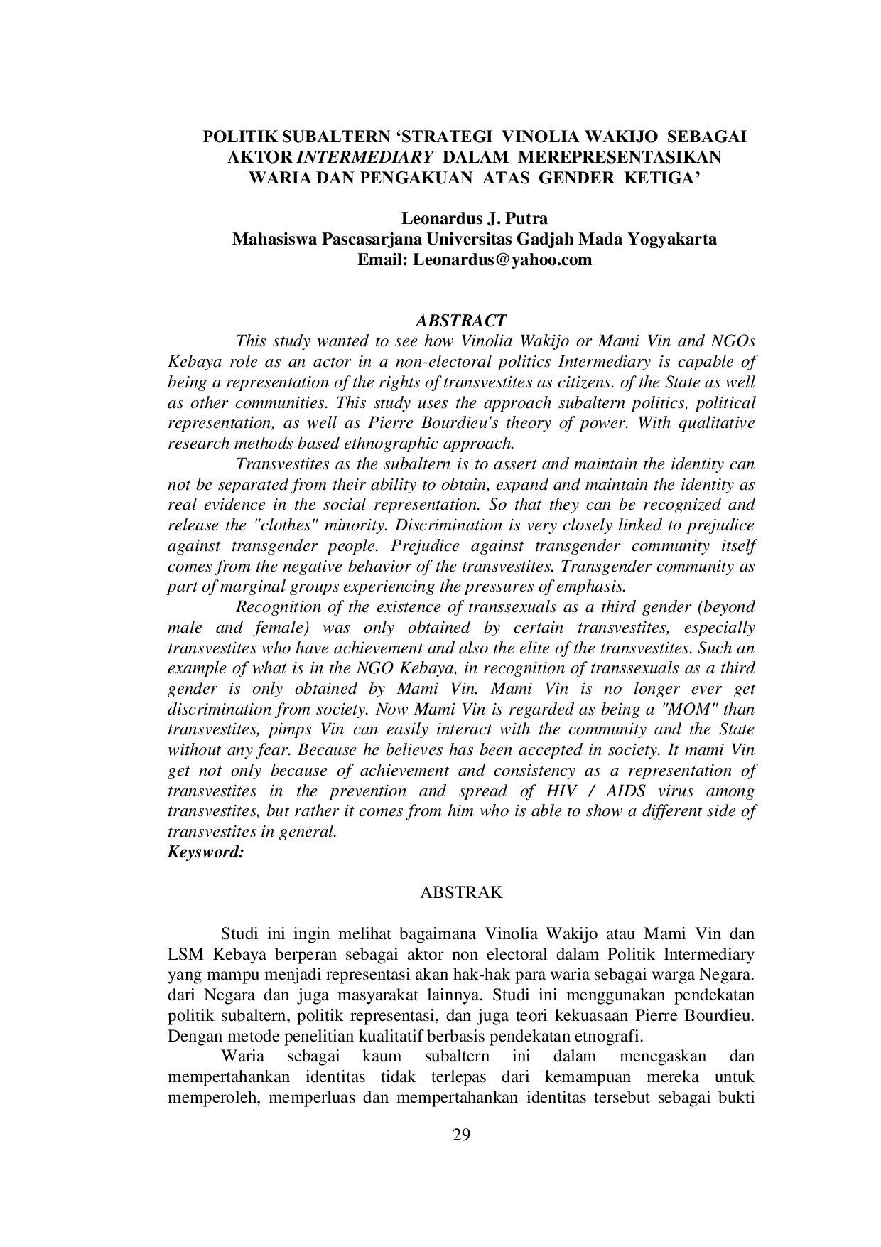 JURIS Politik Subaltern Strategi Vinolia Wakijo Sebagai Aktor Intermediary Dalam Merepresentasikan Waria Dan Pengakuan Atas Gender KetigaA
