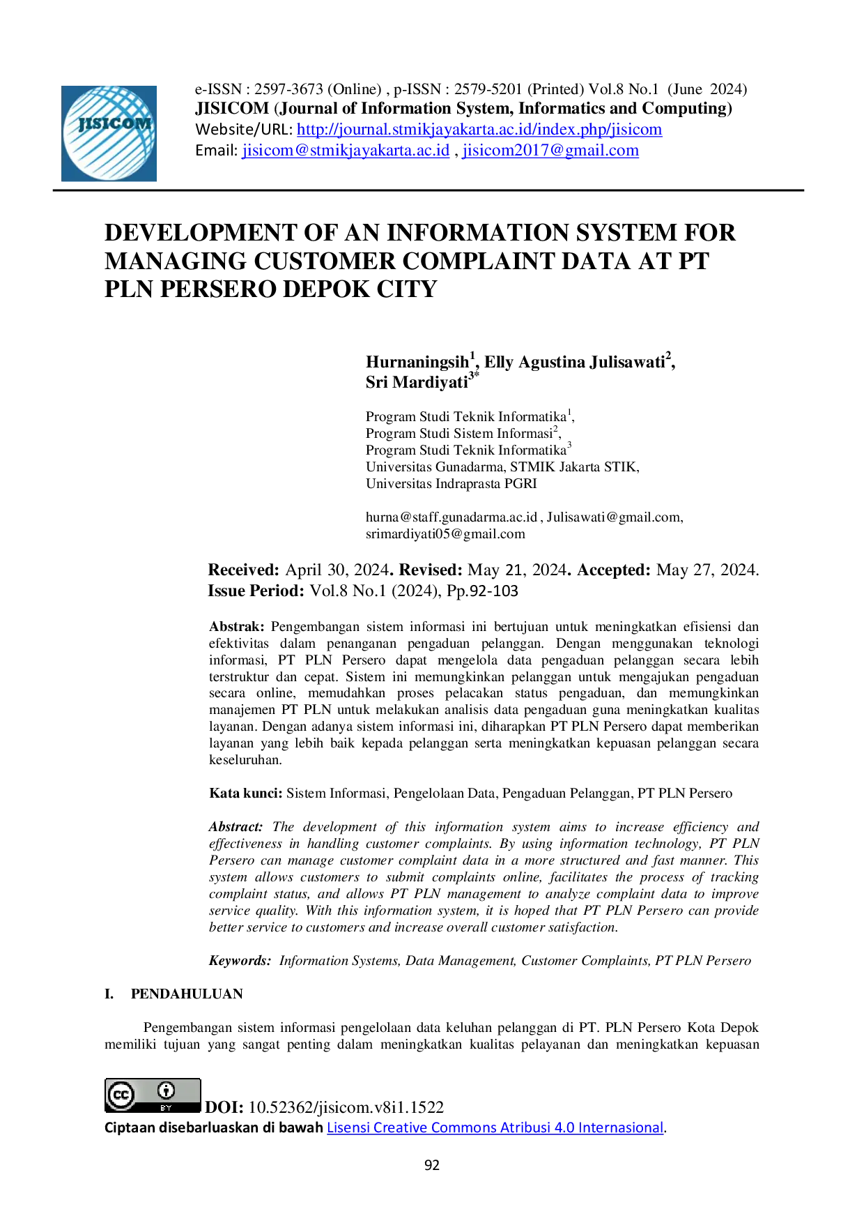 JURIS Development of an Information System for Managing Customer Complaint Data at PT PLN Persero Depok City
