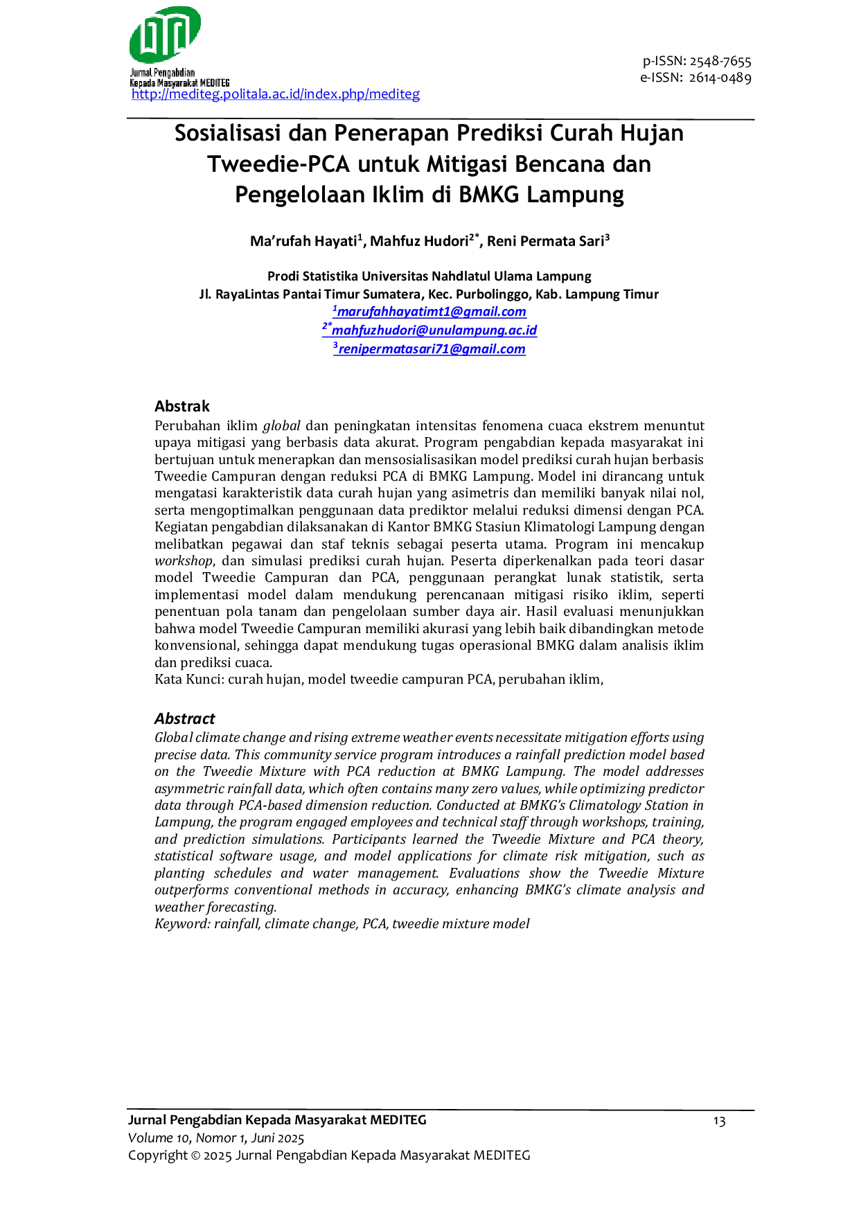 JURIS Sosialisasi dan Penerapan Prediksi Curah Hujan Tweedie PCA untuk Mitigasi Bencana dan Pengelolaan Iklim di BMKG Lampung
