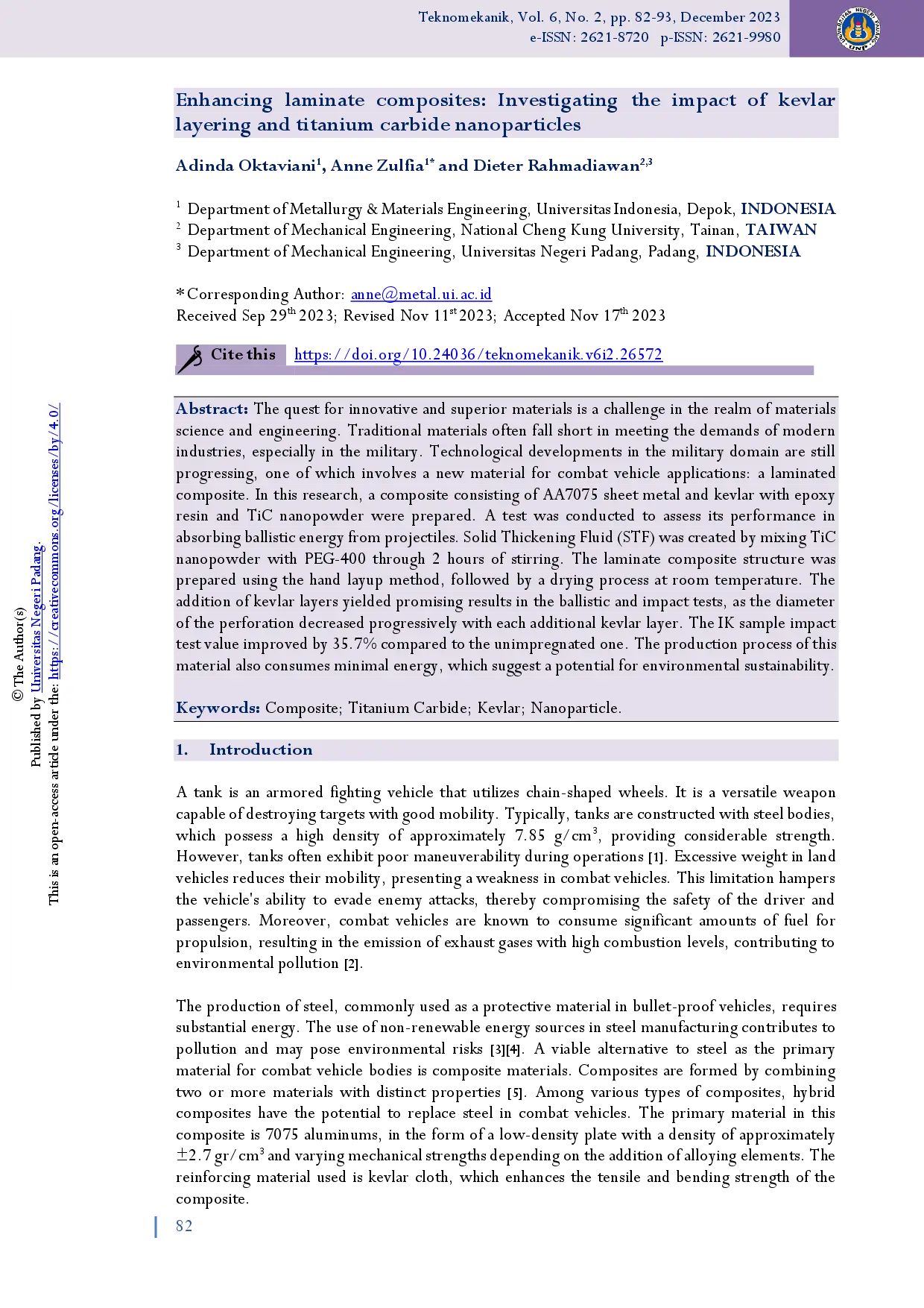 juris Enhancing laminate composites Investigating the impact of kevlar layering and titanium carbide nanoparticles
