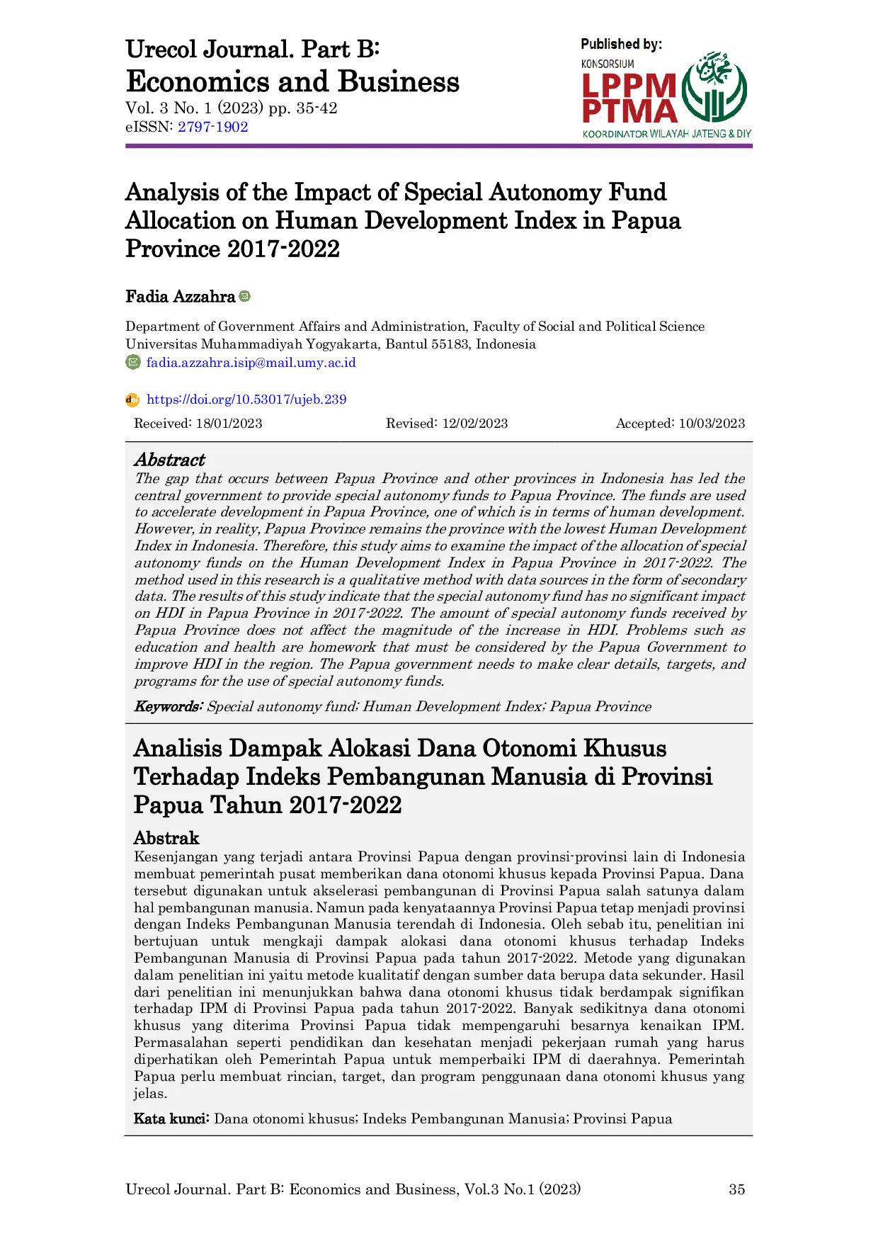 JURIS Analysis of the Impact of Special Autonomy Fund Allocation on Human Development Index in Papua Province 2017 2022