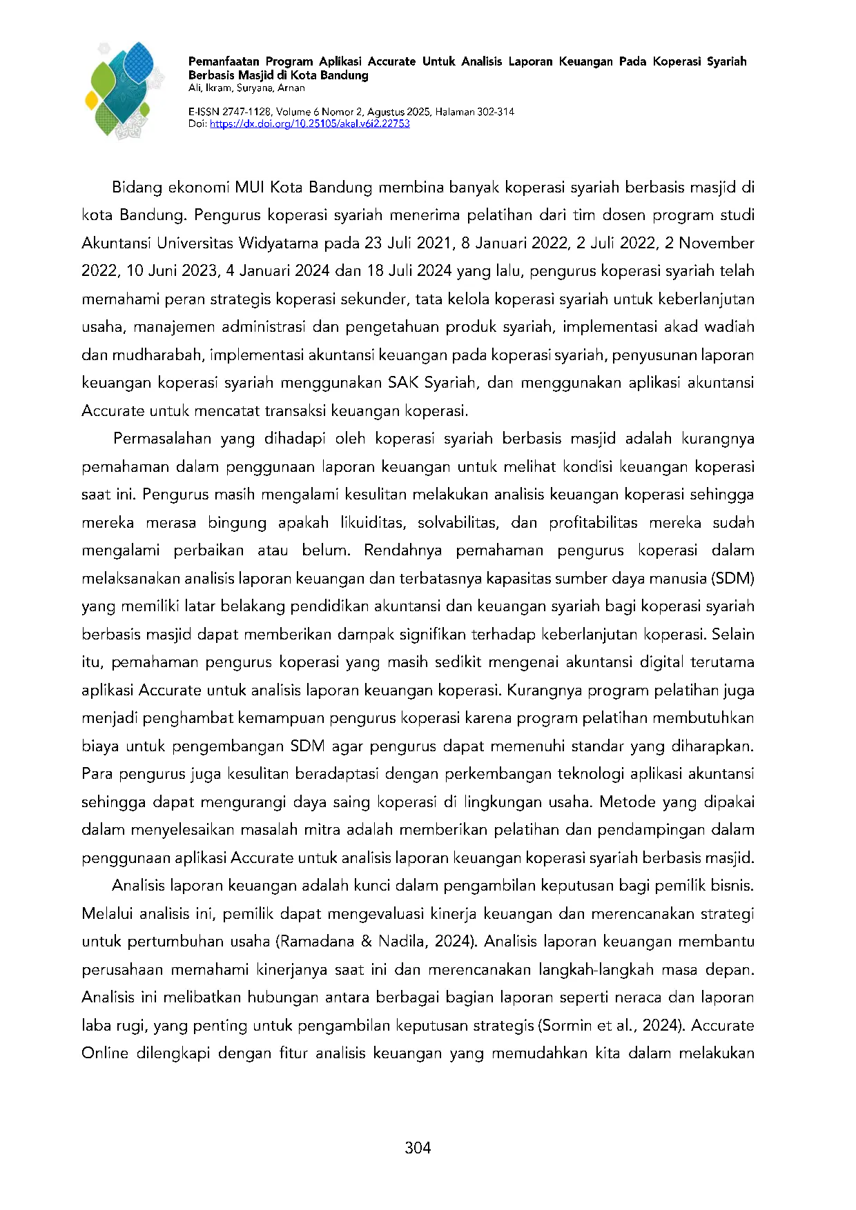 JURIS Pemanfaatan Program Aplikasi Accurate Untuk Analisis Laporan Keuangan Pada Koperasi Syariah Berbasis Masjid Di Kota Bandung
