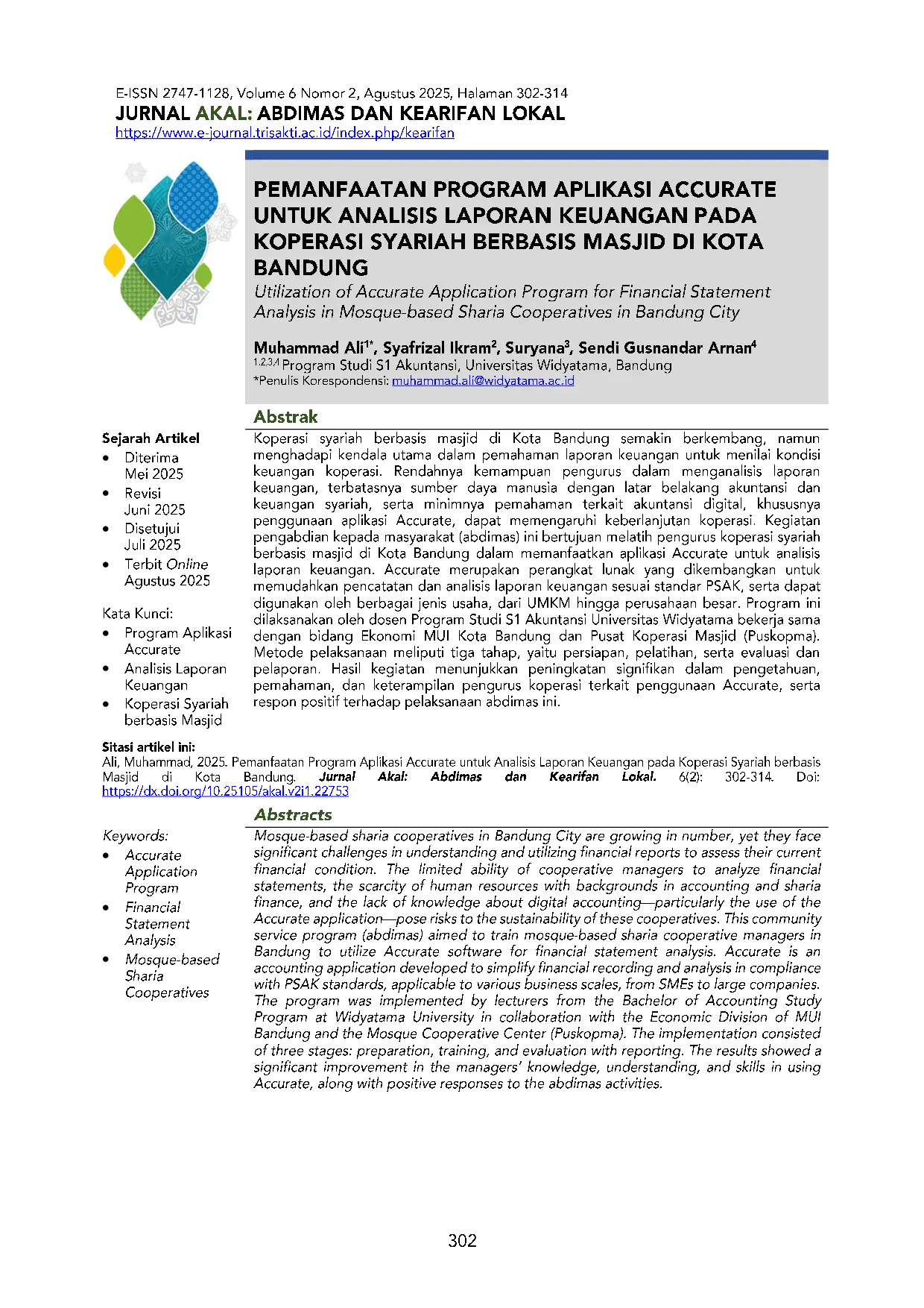 JURIS Pemanfaatan Program Aplikasi Accurate Untuk Analisis Laporan Keuangan Pada Koperasi Syariah Berbasis Masjid Di Kota Bandung