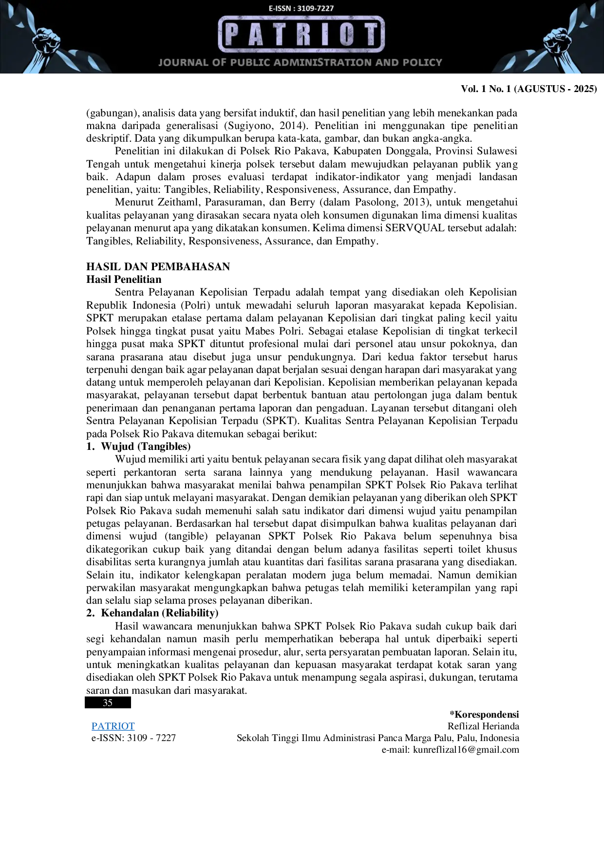 JURIS Evaluasi Sentra Pelayanan Kepolisian Terpadu Pada Laporan Masyarakat Di Polsek Rio Pakava Kabupaten Donggala Sulawesi Tengah