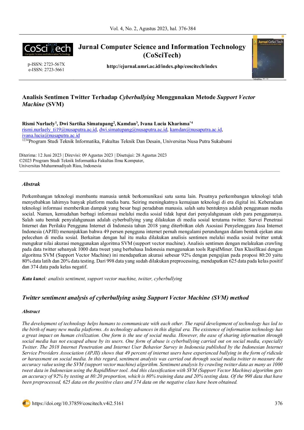 JURIS Analisis Sentimen Twitter Terhadap Cyberbullying Menggunakan Metode Support Vector Machine SVM