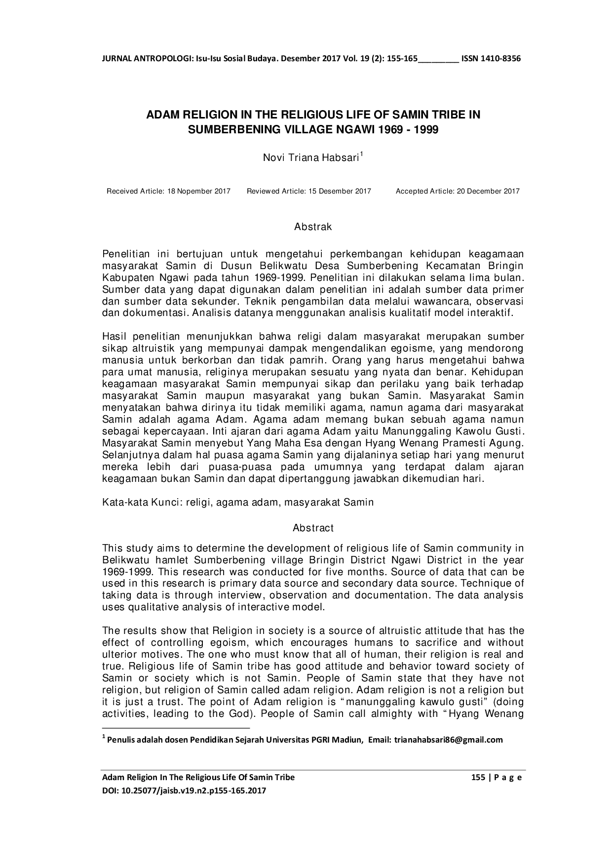 JURIS Adam Religion In The Religious Life Of Samin Tribe