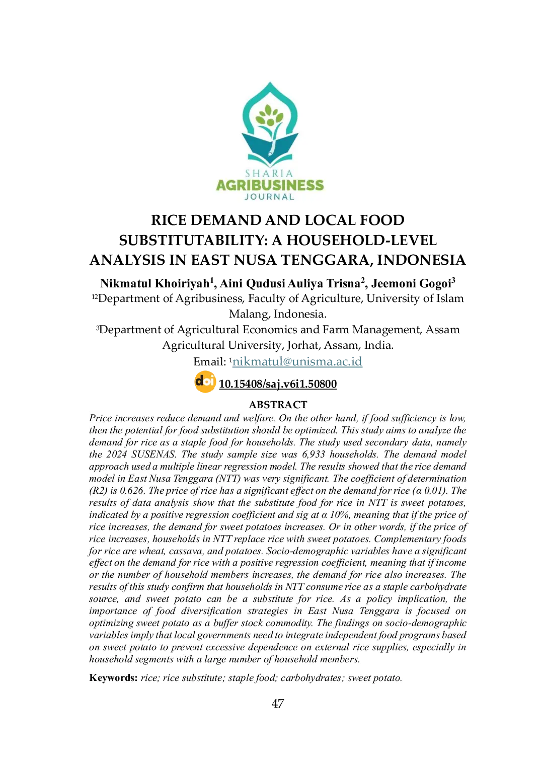 JURIS Rice Demand and Local Food Substitutability A Household Level Analysis in East Nusa Tenggara Indonesia