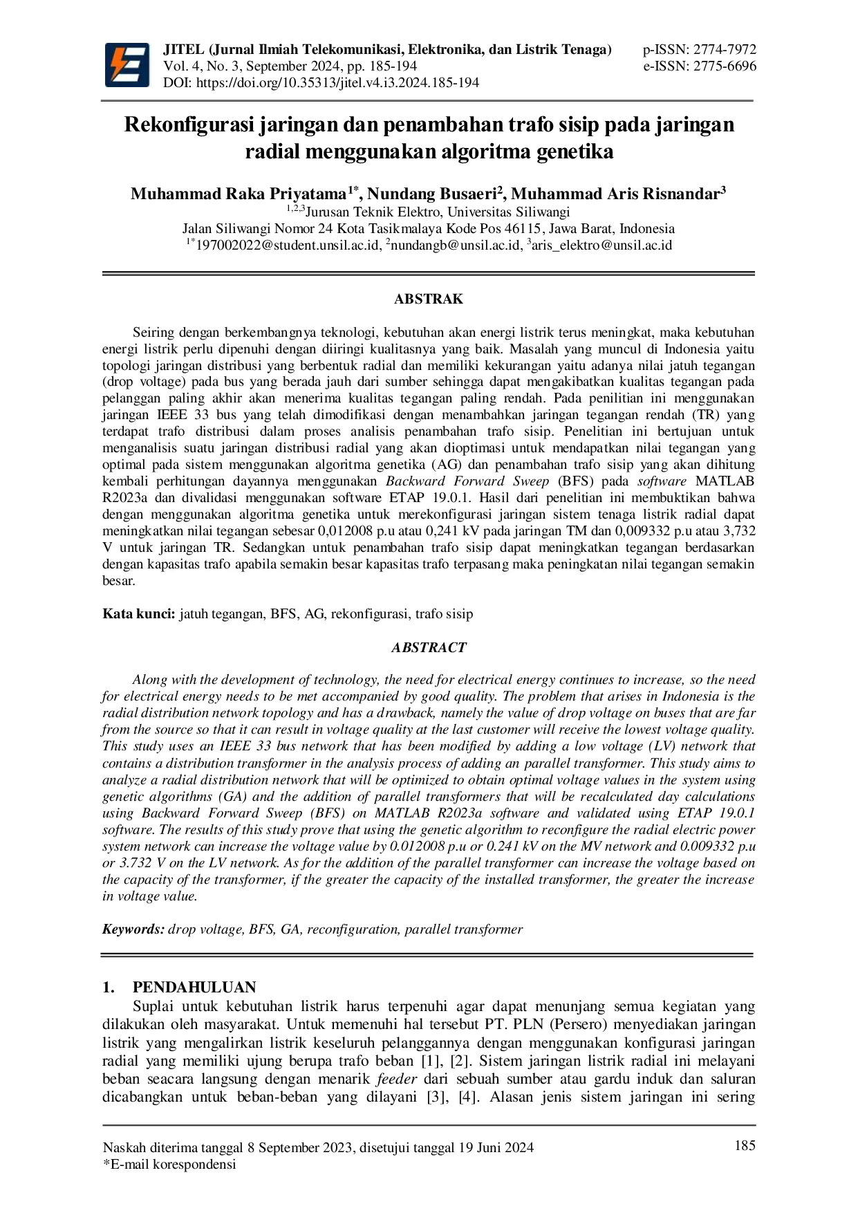 JURIS Rekonfigurasi jaringan dan penambahan trafo sisip pada jaringan radial menggunakan algoritma genetika