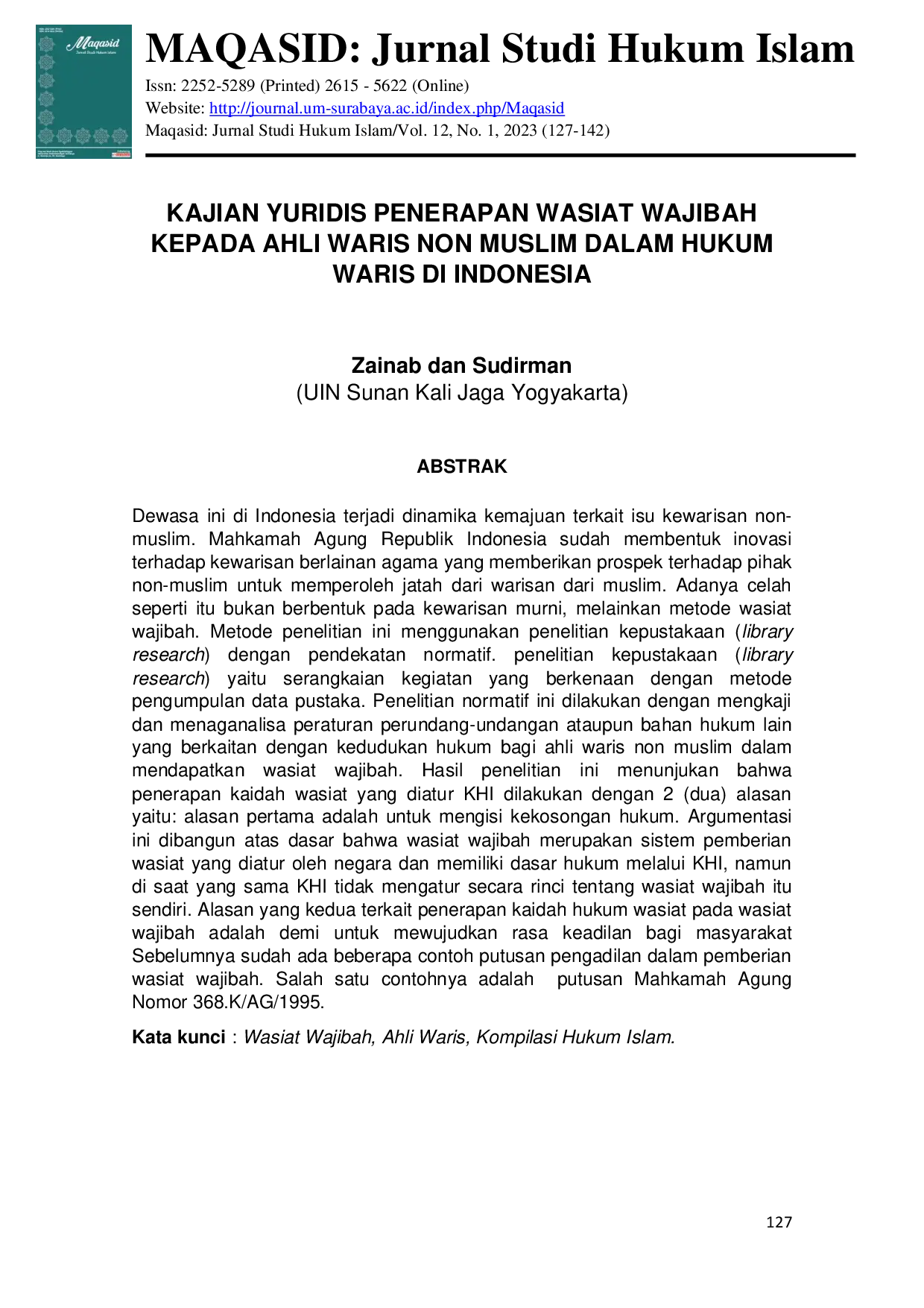 JURIS Kajian Yuridis Penerapan Wasiat Wajibah Kepada Ahli Waris Non Muslim Dalam Hukum Waris Di Indonesia