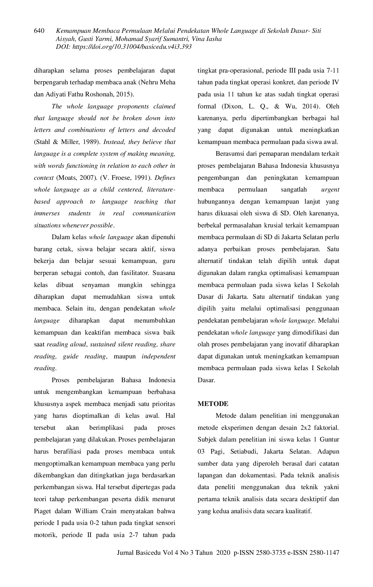 JURIS Kemampuan Membaca Permulaan Melalui Pendekatan Whole Language di Sekolah Dasar