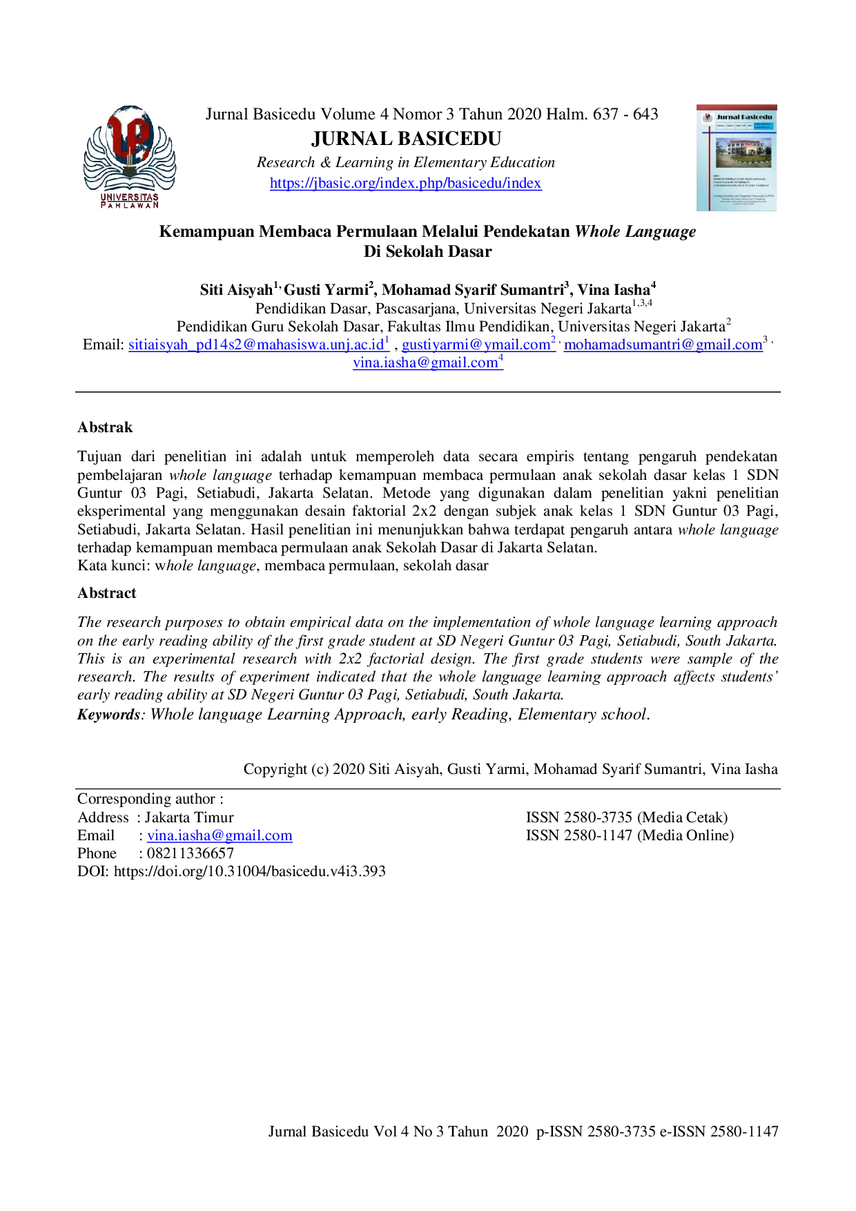 JURIS Kemampuan Membaca Permulaan Melalui Pendekatan Whole Language di Sekolah Dasar