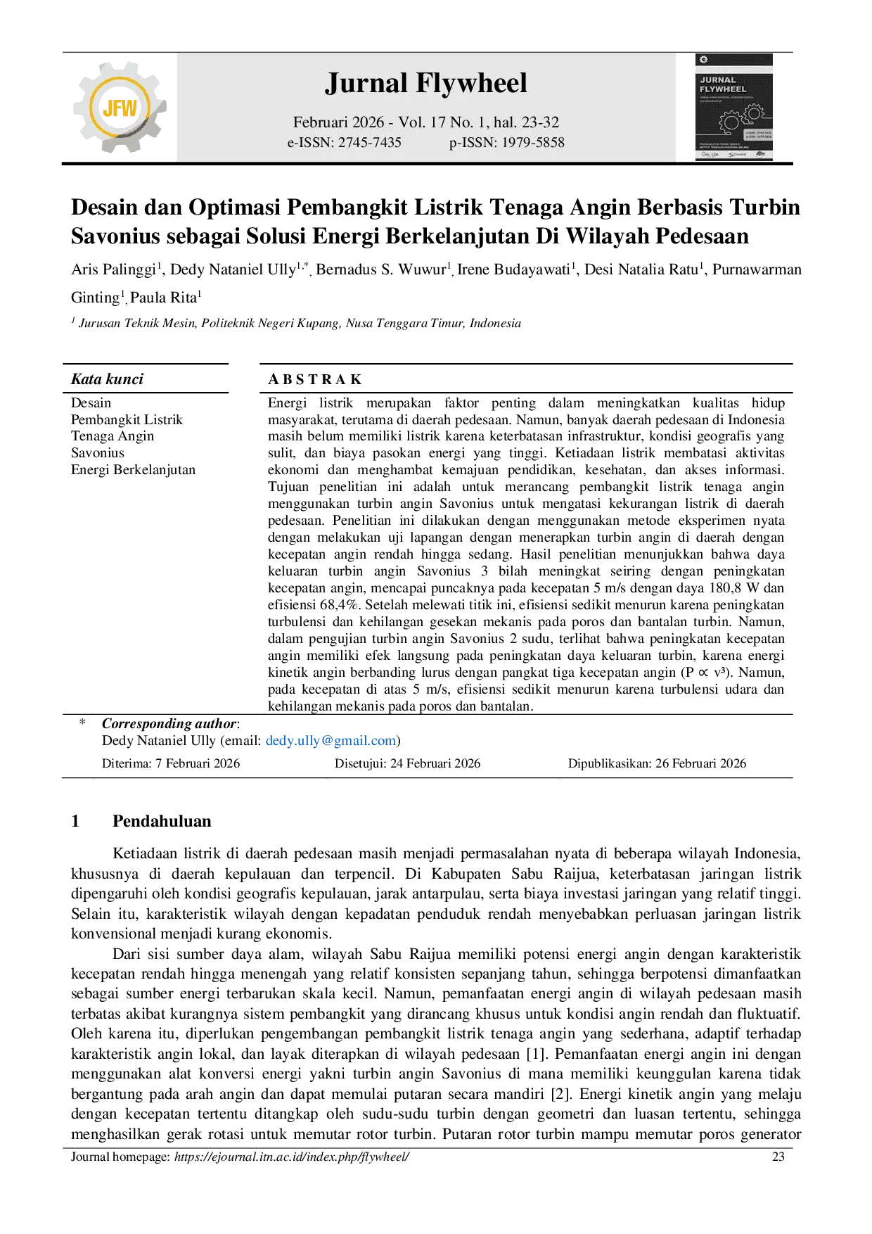 JURIS Desain dan Optimasi Pembangkit Listrik Tenaga Angin Berbasis Turbin Savonius sebagai Solusi Energi Berkelanjutan Di Wilayah Pedesaan