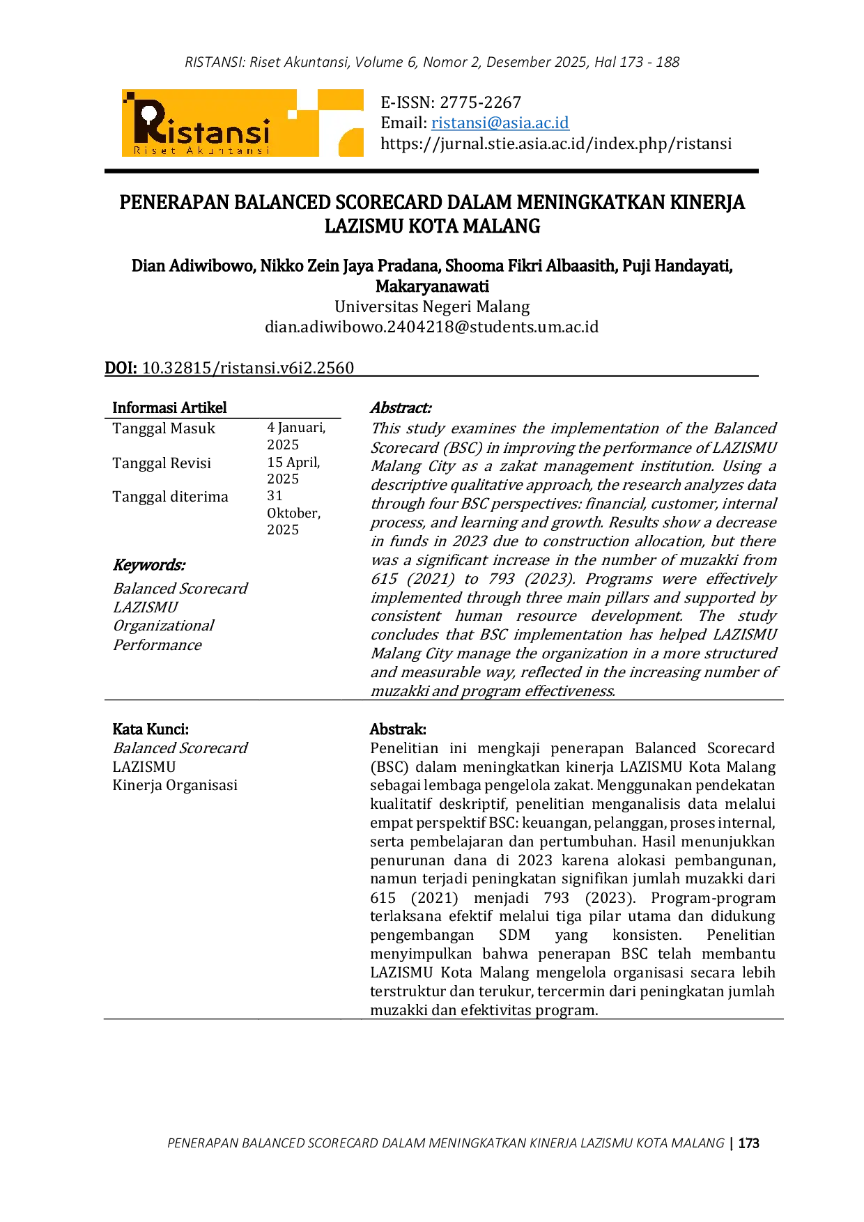 JURIS Penerapan Balanced Scorecard Dalam Meningkatkan Kinerja Lazismu Kota Malang