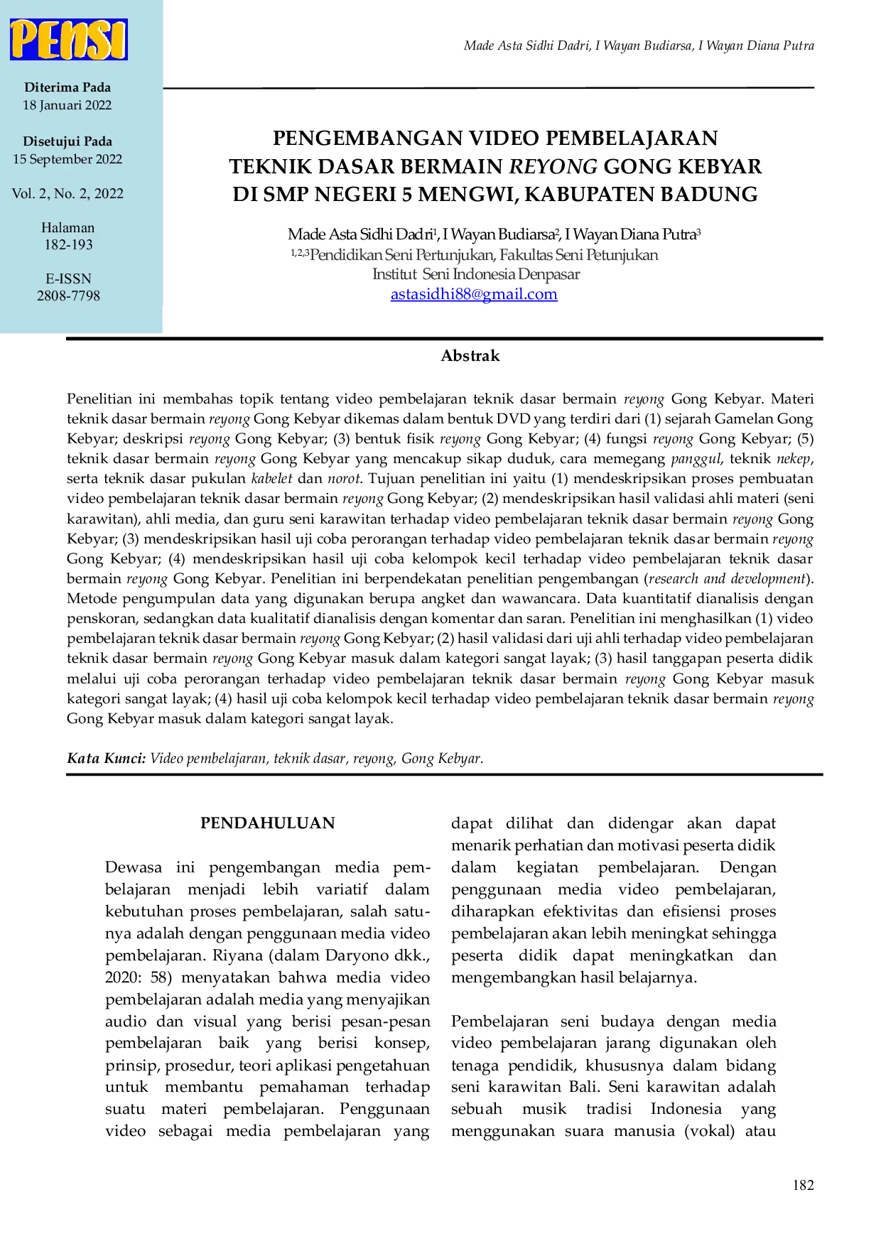 JURIS Pengembangan Video Pembelajaran Teknik Dasar Bermain Reyong Gong Kebyar di SMP Negeri 5 Mengwi Kabupaten Badung