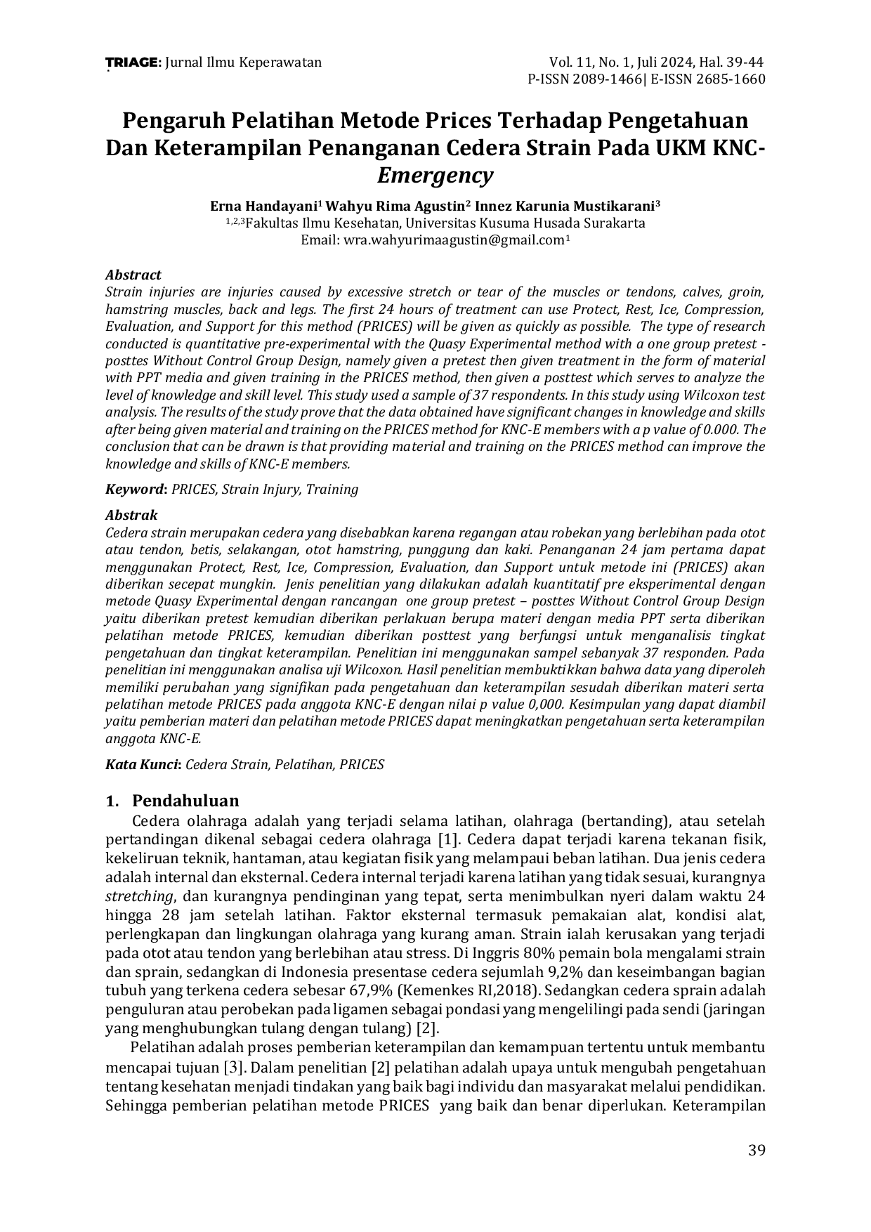 JURIS Pengaruh Pelatihan Metode Prices Terhadap Pengetahuan Dan Keterampilan Penanganan Cedera Strain Pada UKM KNC Emergency