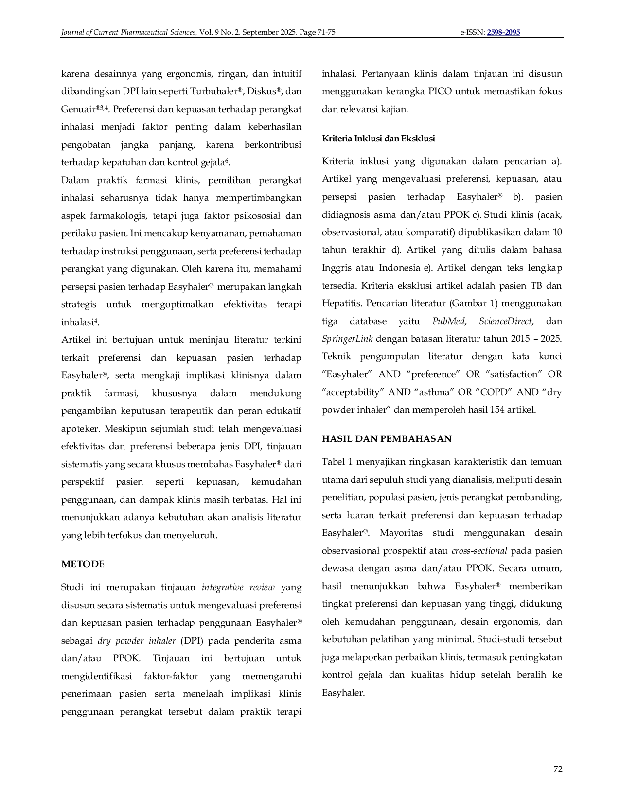 JURIS Preferensi dan Kepuasan Pasien terhadap EasyhalerEe Implikasi Klinis dari Tinjauan Literatur