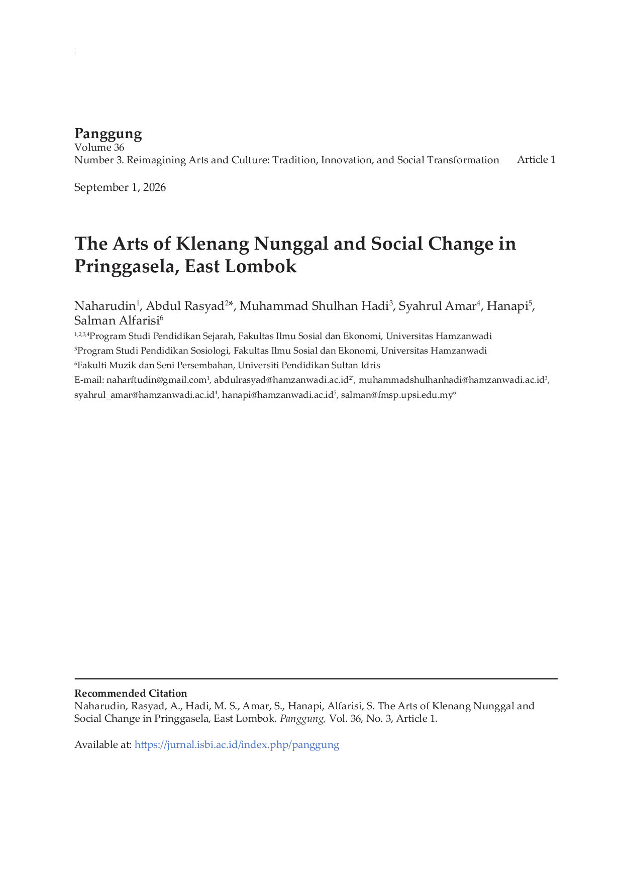JURIS The Arts of Klenang Nunggal and Social Change in Pringgasela East Lombok