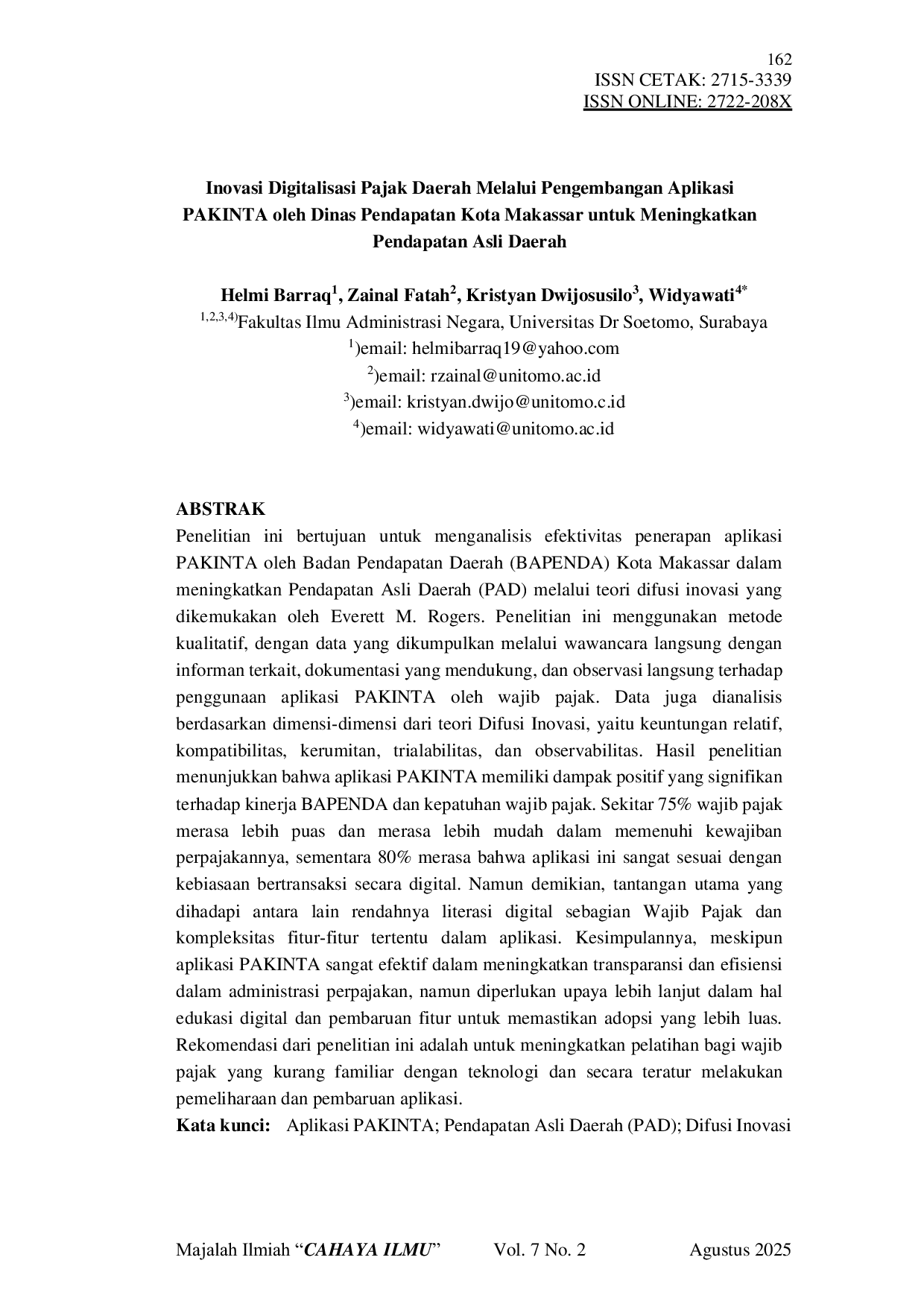 JURIS Inovasi Digitalisasi Pajak Daerah Melalui Pengembangan Aplikasi PAKINTA oleh Dinas Pendapatan Kota Makassar untuk Meningkatkan Pendapatan Asli Daerah