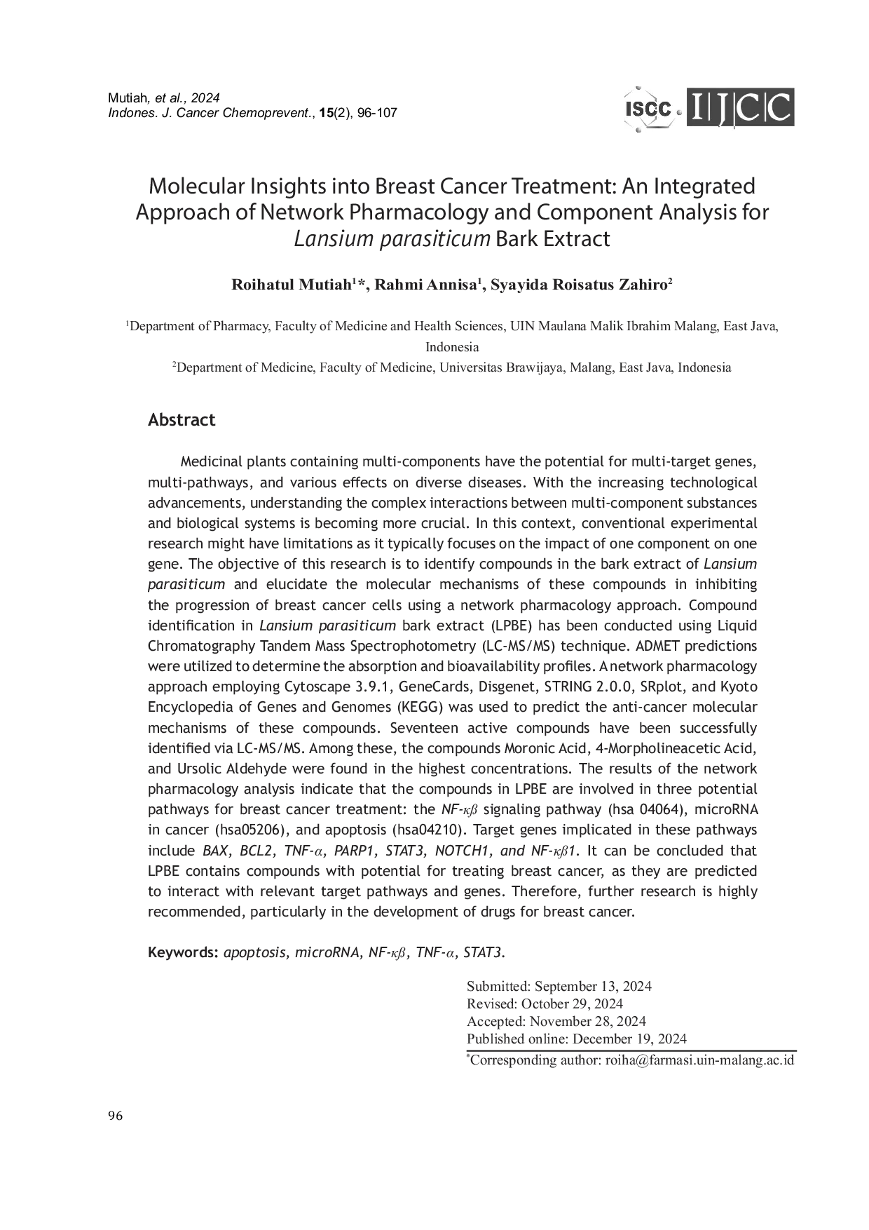 JURIS Molecular Insights into Breast Cancer Treatment An Integrated Approach of Network Pharmacology and Component Analysis for Lansium Parasiticum Bark Extract