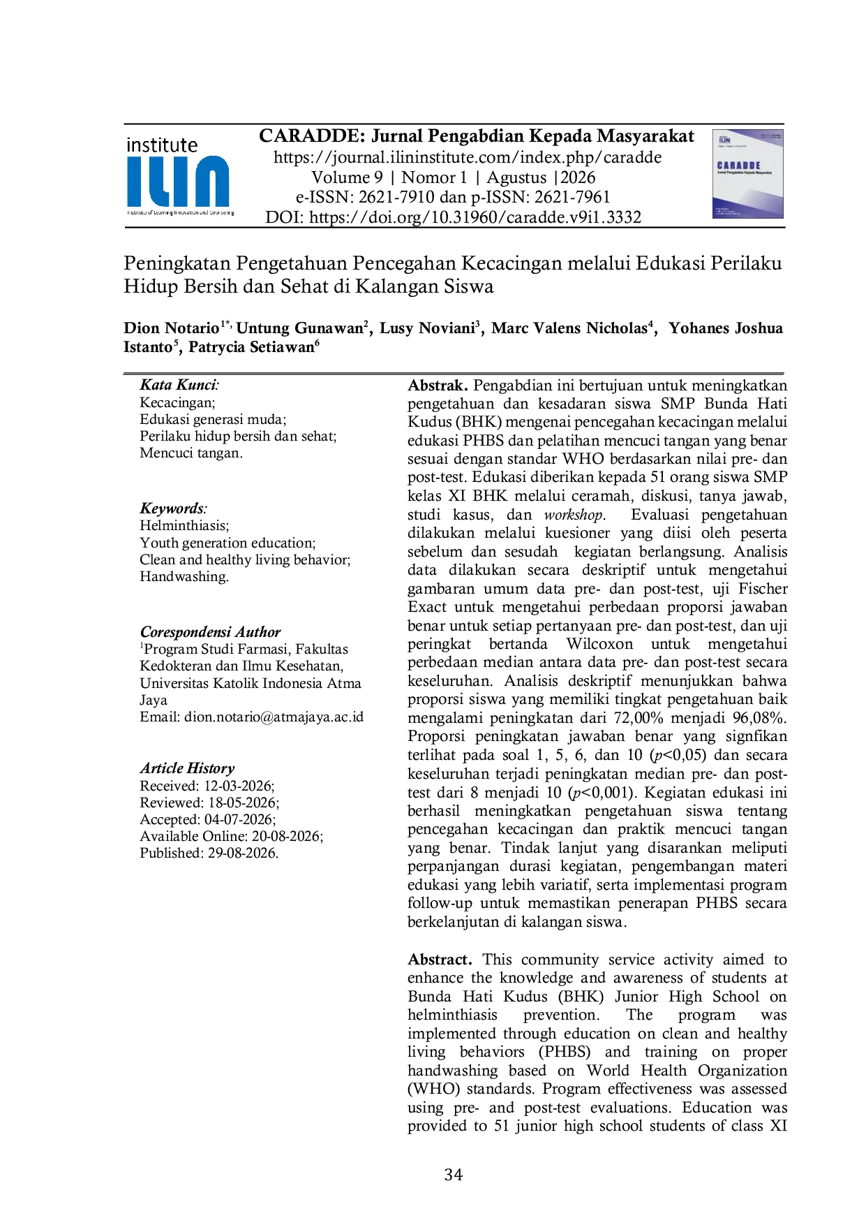 JURIS Peningkatan Pengetahuan Pencegahan Kecacingan Melalui Edukasi Perilaku Hidup Bersih dan Sehat di Kalangan Siswa