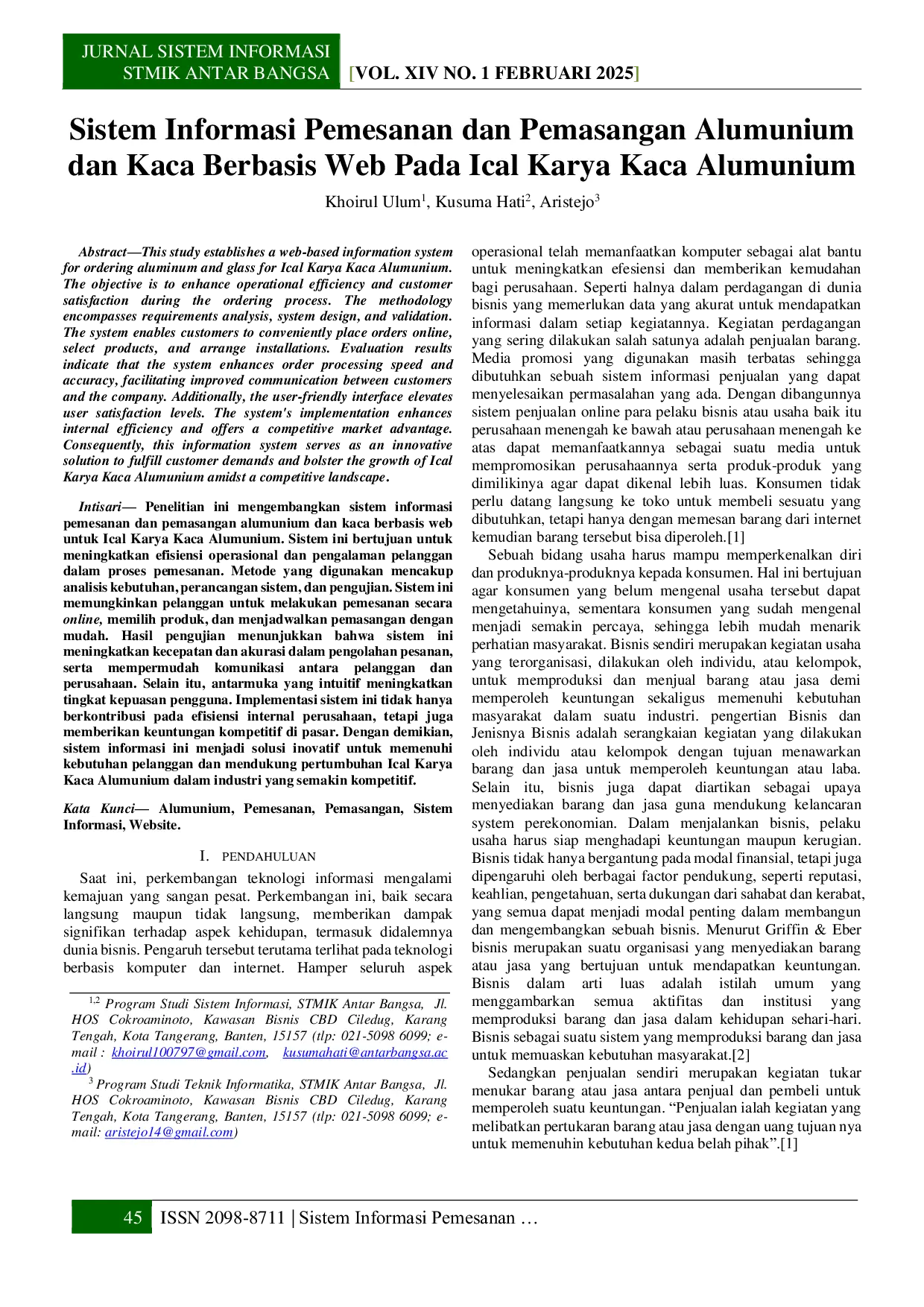 JURIS Sistem Informasi Pemesanan dan Pemasangan Aluminium dan Kaca Berbasis Web pada Ical Karya Kaca Aluminium