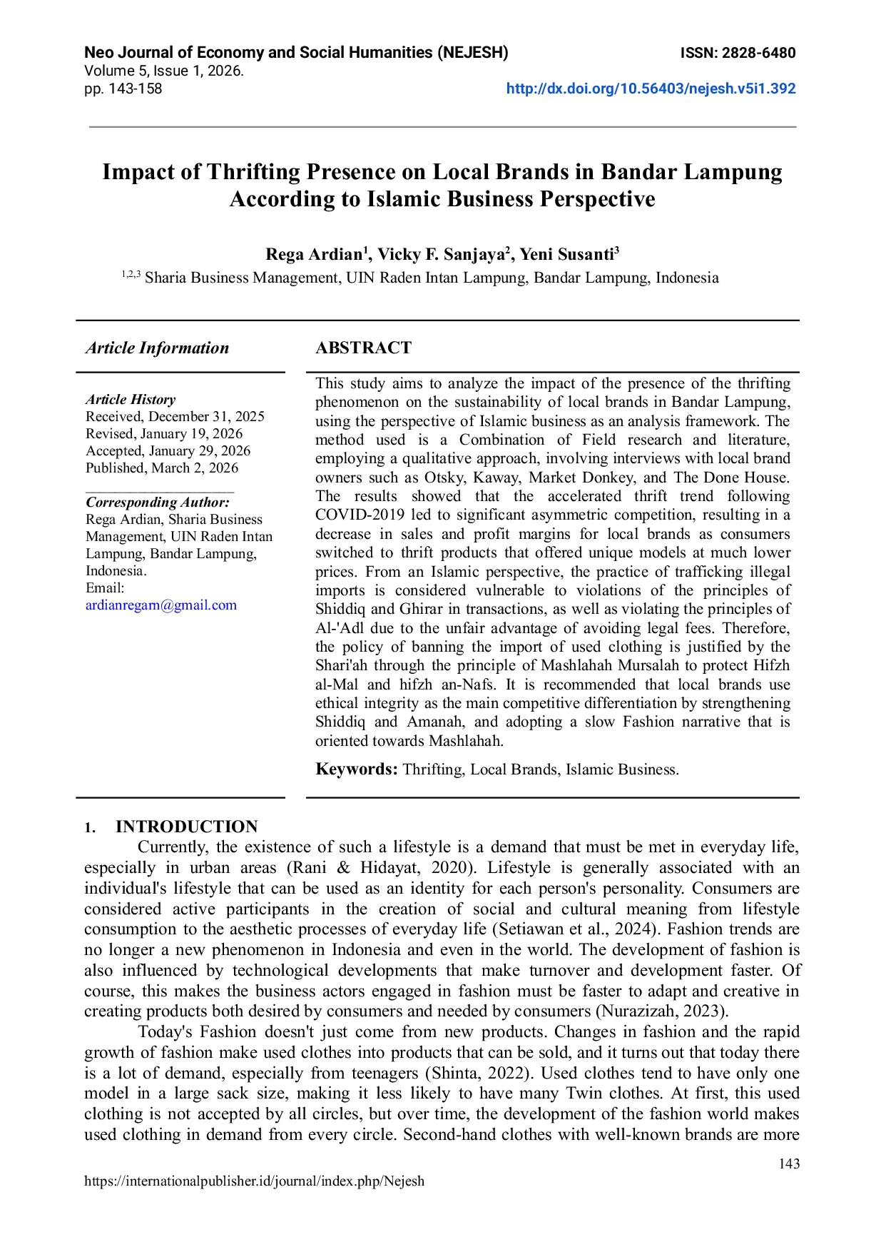 JURIS Impact Of Thrifting Presence On Local Brands In Bandar Lampung According To Islamic Business Perspective