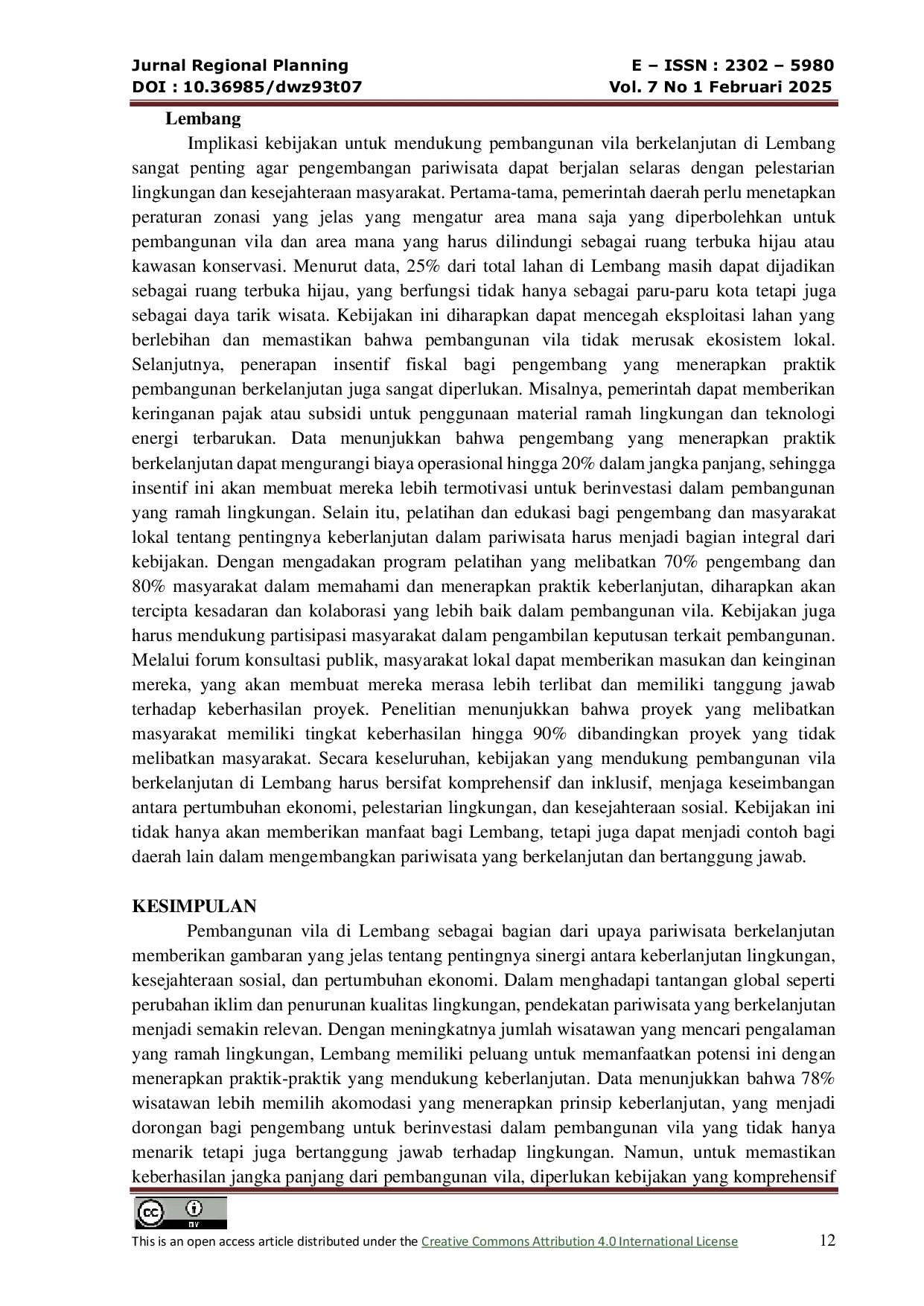 JURIS Integrasi Perencanaan Wilayah Dan Pariwisata Studi Kasus Pengembangan Villa Di Lembang